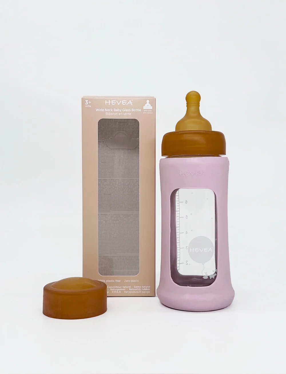HEVEA - Wide Neck Baby Glass Bottle with Sleeve 250ml/8.5oz Single-Pack - baby bottles - powder pink - 1