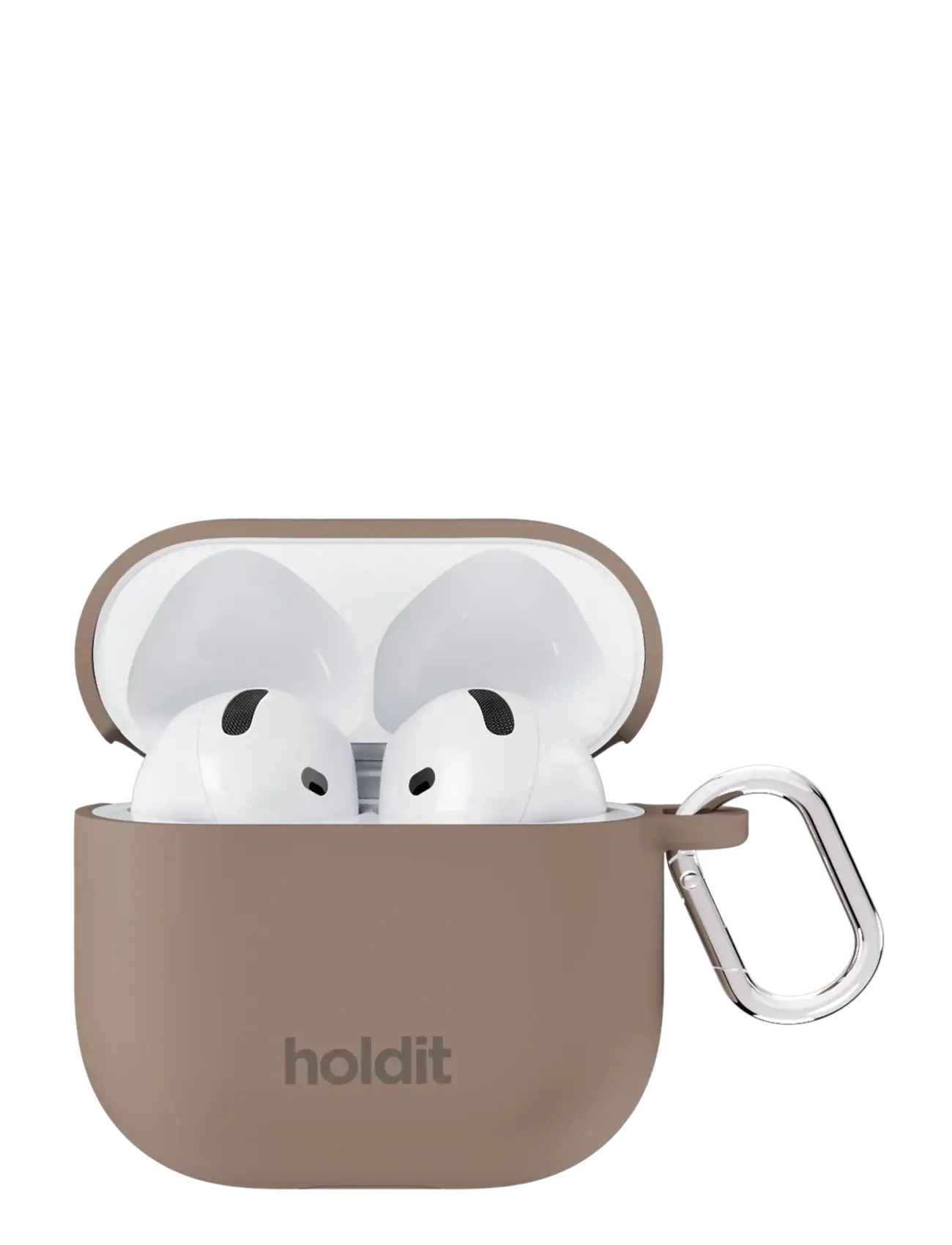 Holdit Silicone Case Solid Airpods 4, Kvinder, AirPods Etui med Karabinhage, Brun, Str: AIRPODS 4