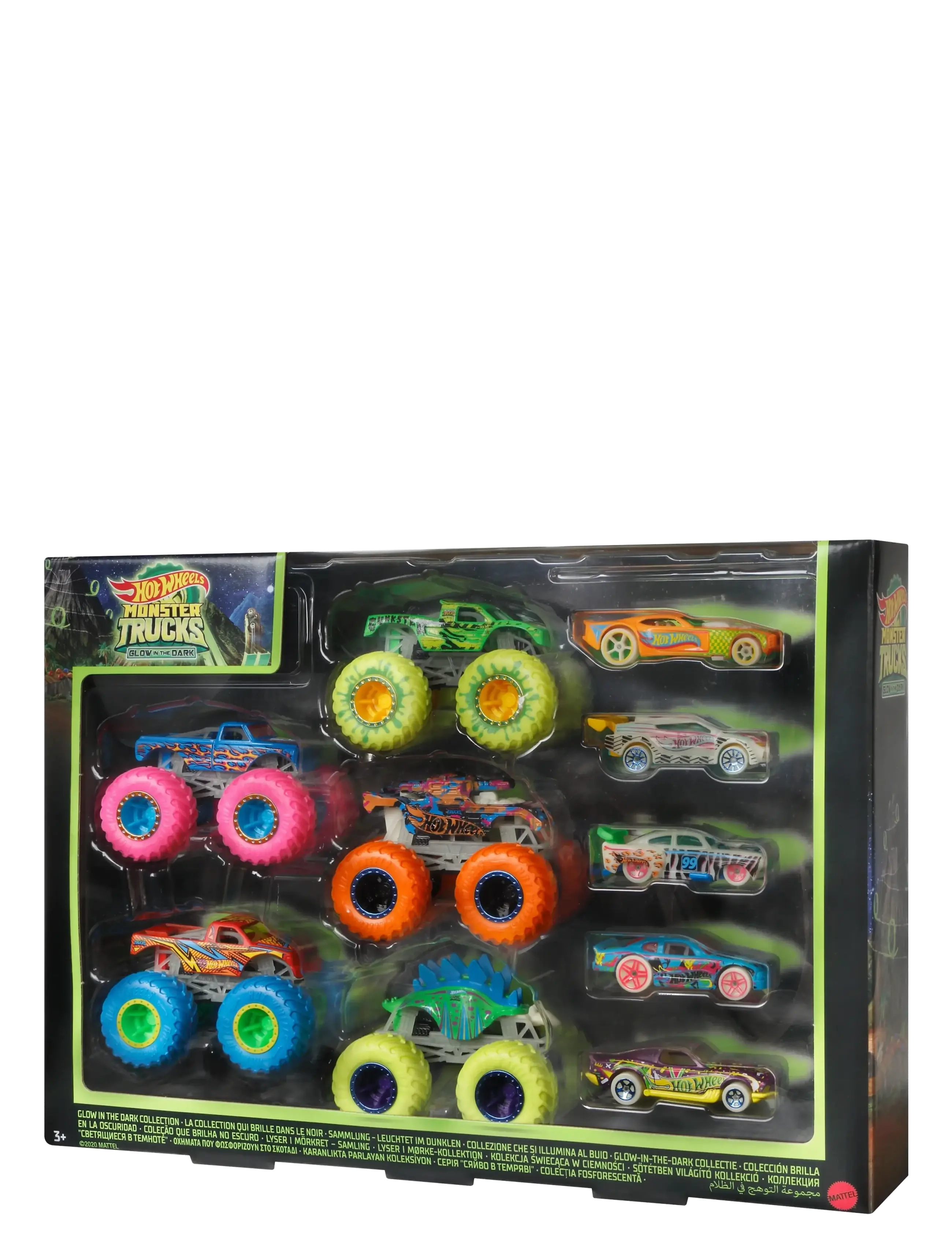Hot Wheels Monster Trucks Glow In The Dark Multipack, 10 Toy 1:64 Vehicles: 5 Trucks & 5 Cars, One Size, Multi/patterned, Legetøjsbiler Og -Køretøjer