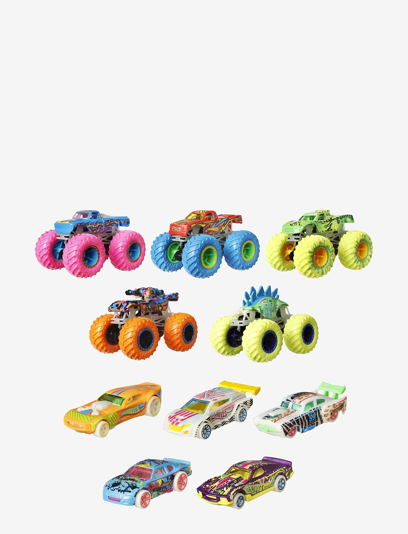 Hot Wheels - Monster Trucks Glow In The Dark Multipack, 10 Toy 1:64 Vehicles: 5 Trucks & 5 Cars - mänguautod - multi color - 1