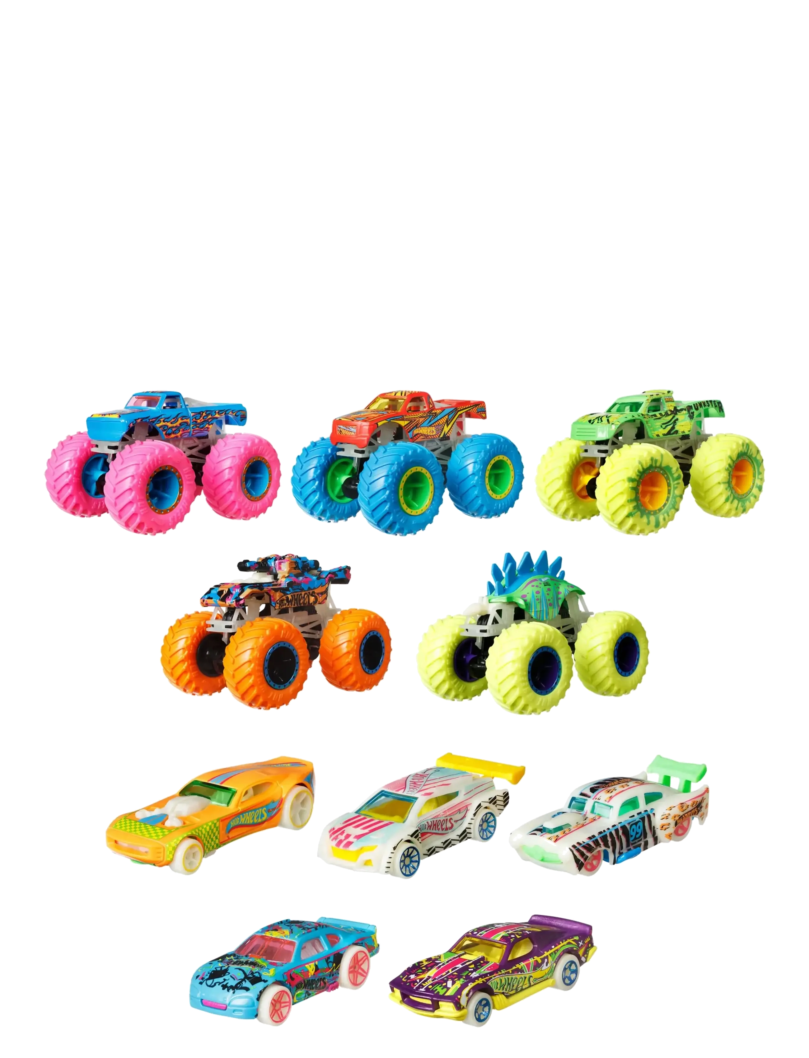 Hot Wheels - Monster Trucks Glow In The Dark Multipack, 10 Toy 1:64 Vehicles: 5 Trucks & 5 Cars - legetøjsbiler - multi color - 2