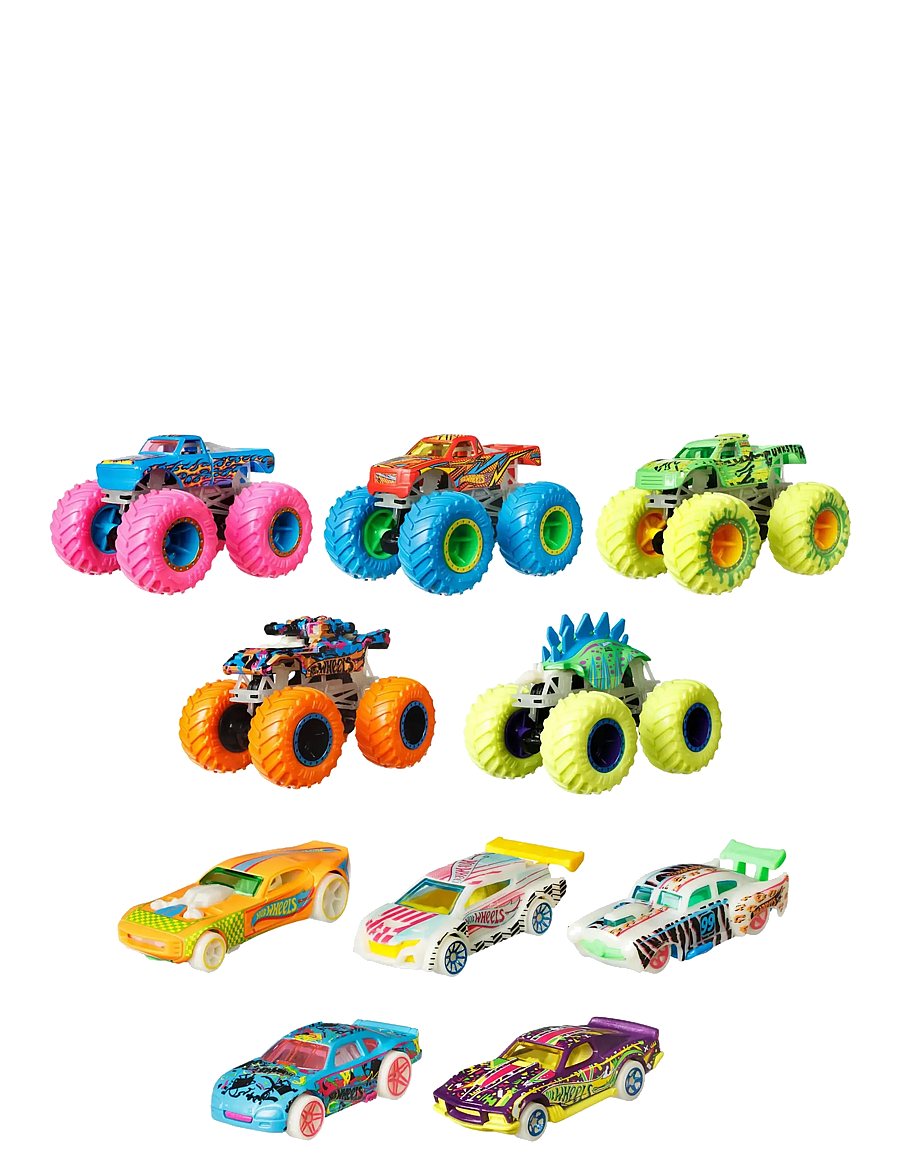 Hot Wheels - Monster Trucks Glow In The Dark Multipack, 10 Toy 1:64 Vehicles: 5 Trucks & 5 Cars - mänguautod - multi color - 2