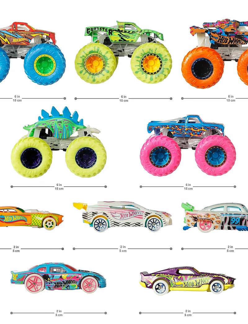 Hot Wheels - Monster Trucks Glow In The Dark Multipack, 10 Toy 1:64 Vehicles: 5 Trucks & 5 Cars - mänguautod - multi color - 0