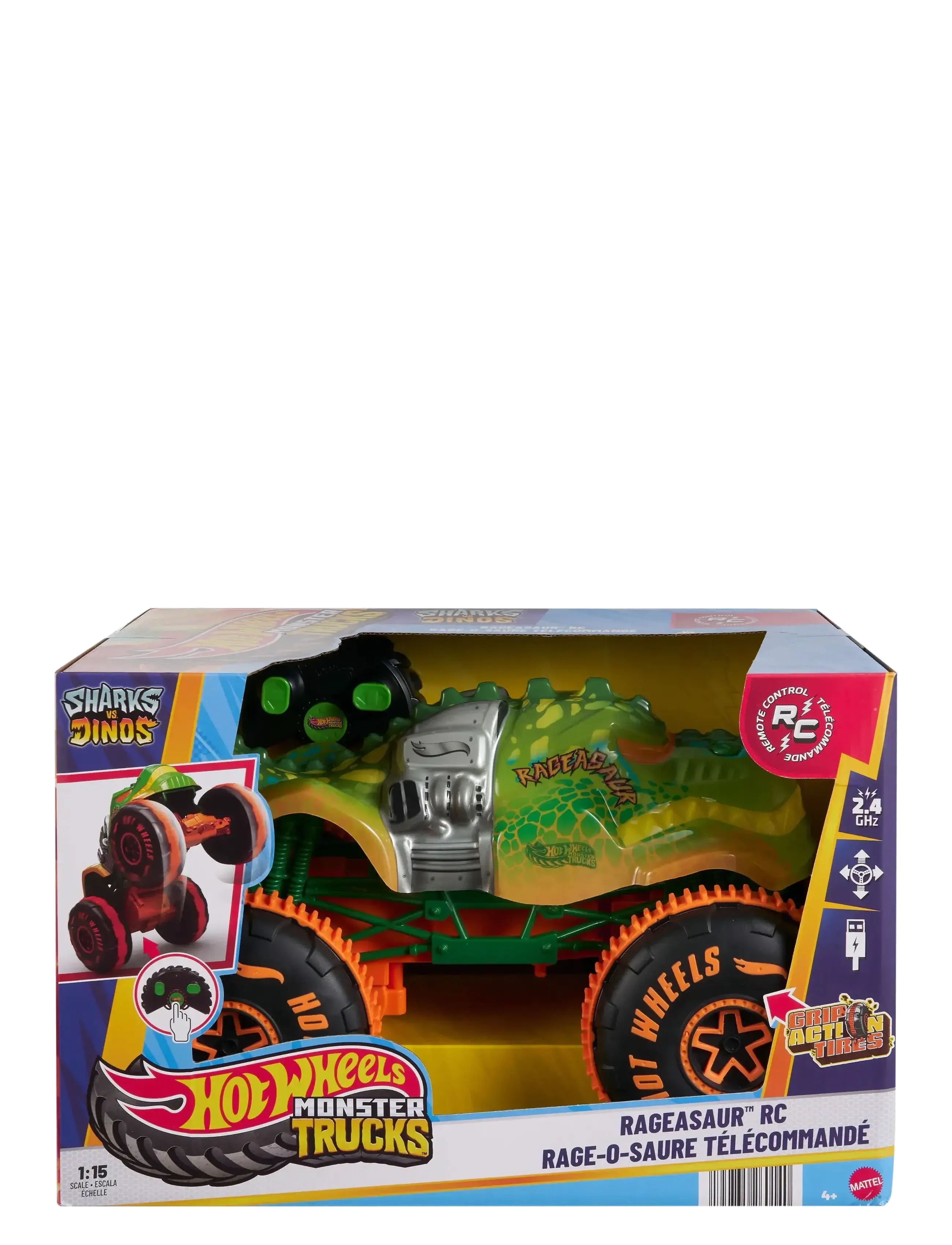 Hot Wheels - Monster Trucks RC Rageasaur, Battery-Powered Remote-Control Toy Truck in 1:15 Scale - leluautot - multi color - 4