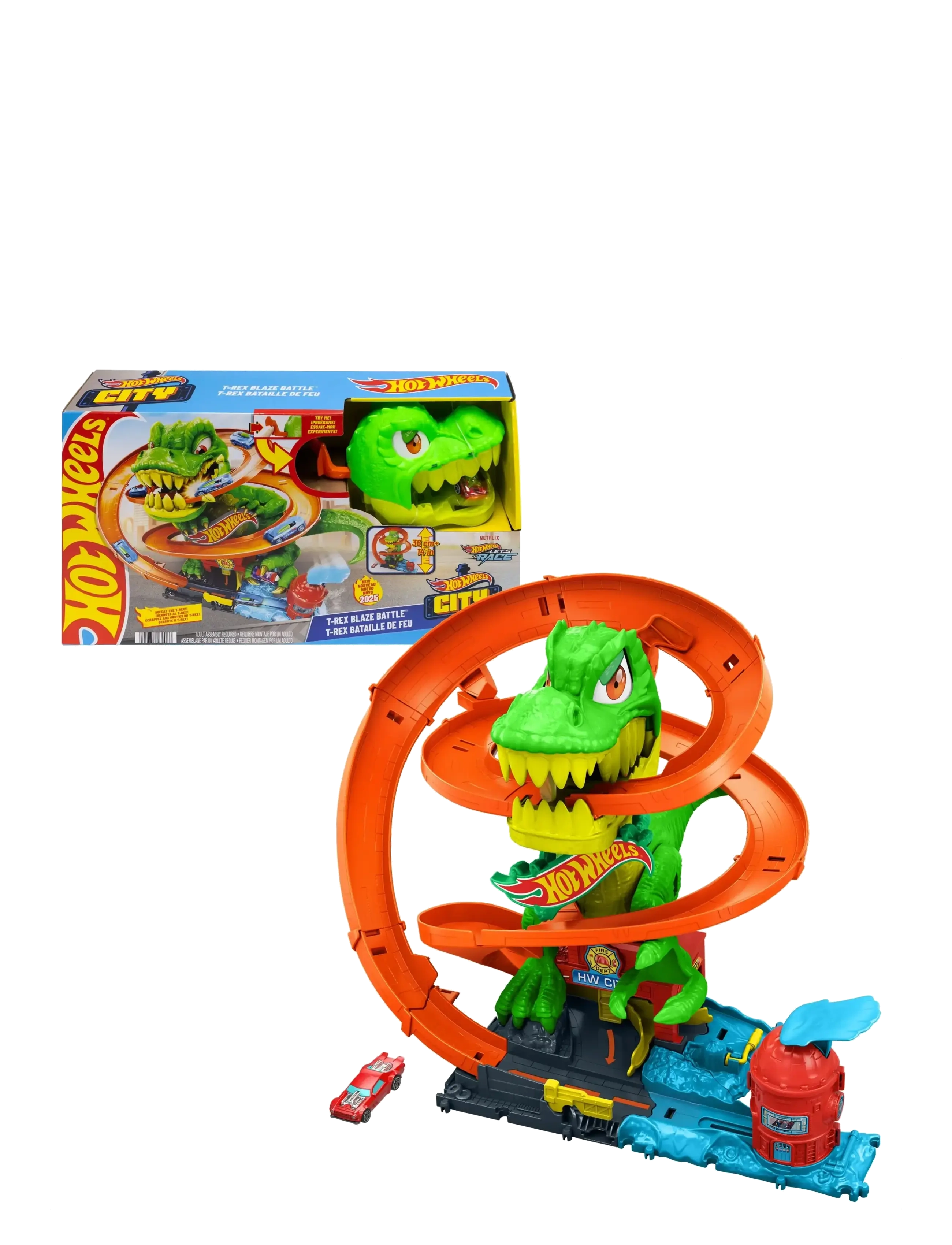 Hot Wheels City T-Rex Blaze Battle Playset & 1:64 Scale Die-Cast Car, Dinosaur Nemesis - 4 for 3 - MULTI COLOR / green