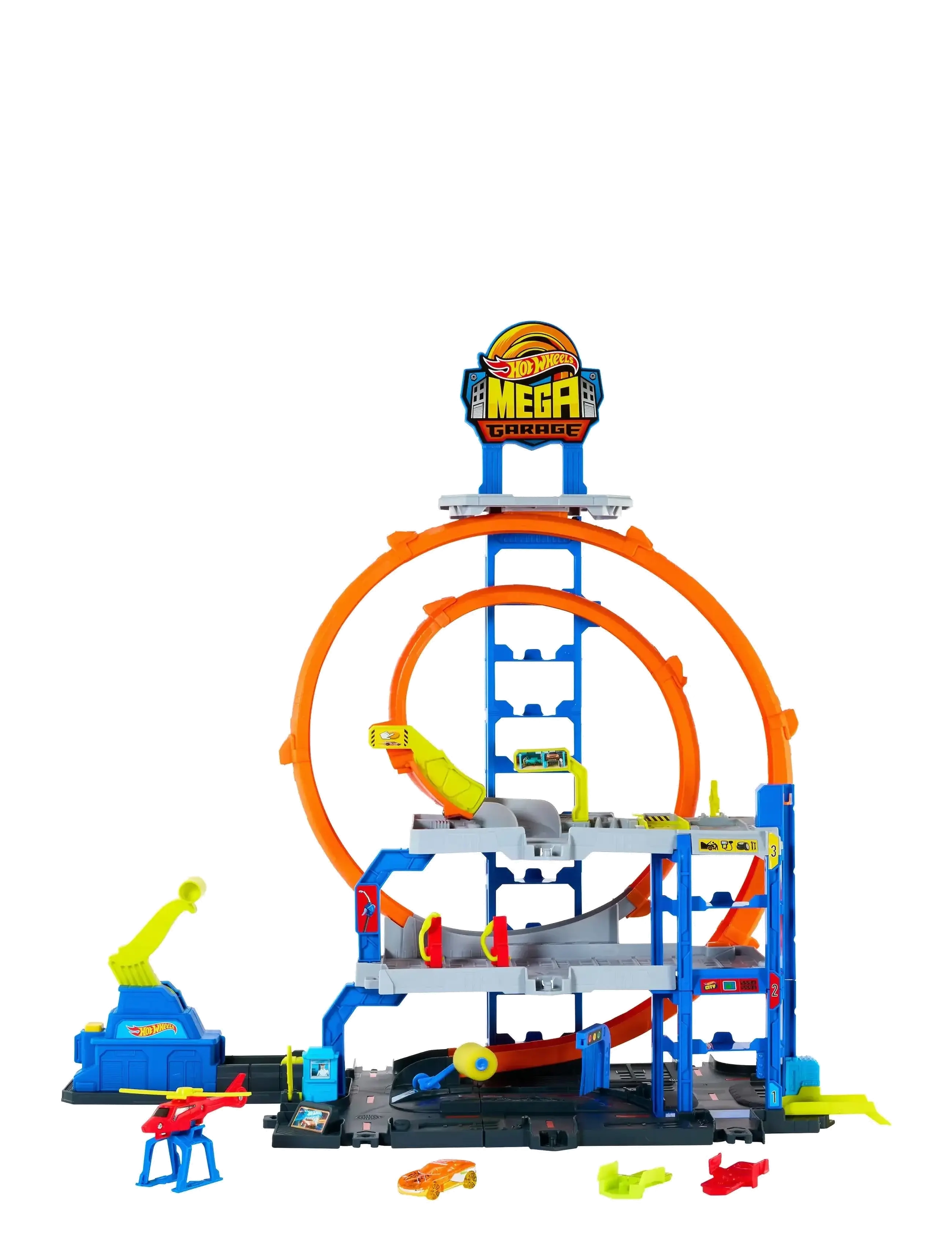 Hot Wheels City Mega Loop Garage Playset With 1 Die-Cast Toy Car & 1 Toy Helicopter In 1:64 Scale, One Size, Multi/patterned, Legetøjsbiler Og -Køretø