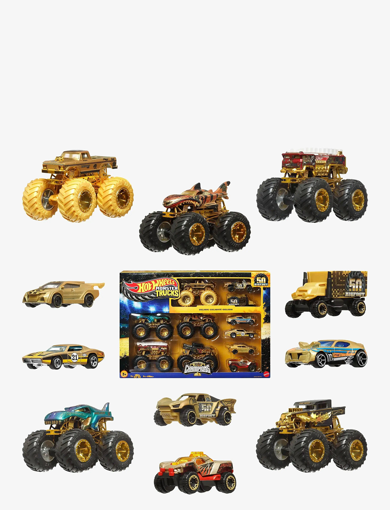 Hot Wheels - Monster Trucks Trophy Champions Collection, 5 1:64 Scale Toy Trucks & 6 Die-Cast Cars - leksaksbilar - multi color - 1
