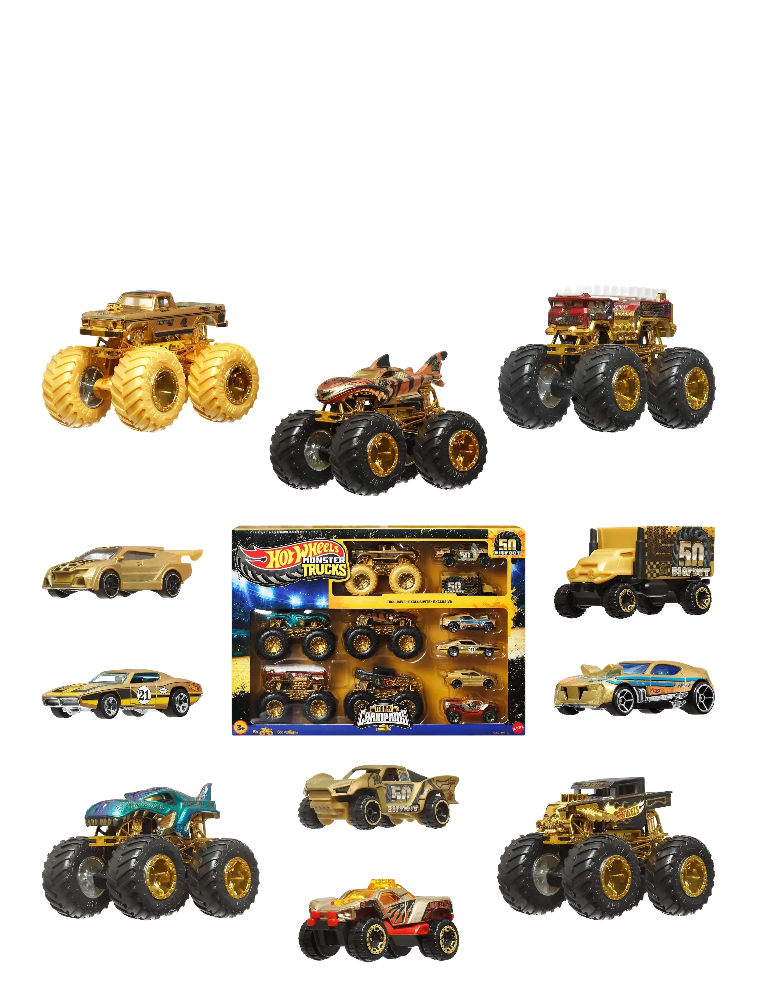 Hot Wheels - Monster Trucks Trophy Champions Collection, 5 1:64 Scale Toy Trucks & 6 Die-Cast Cars - leikfangabílar - multi color - 1