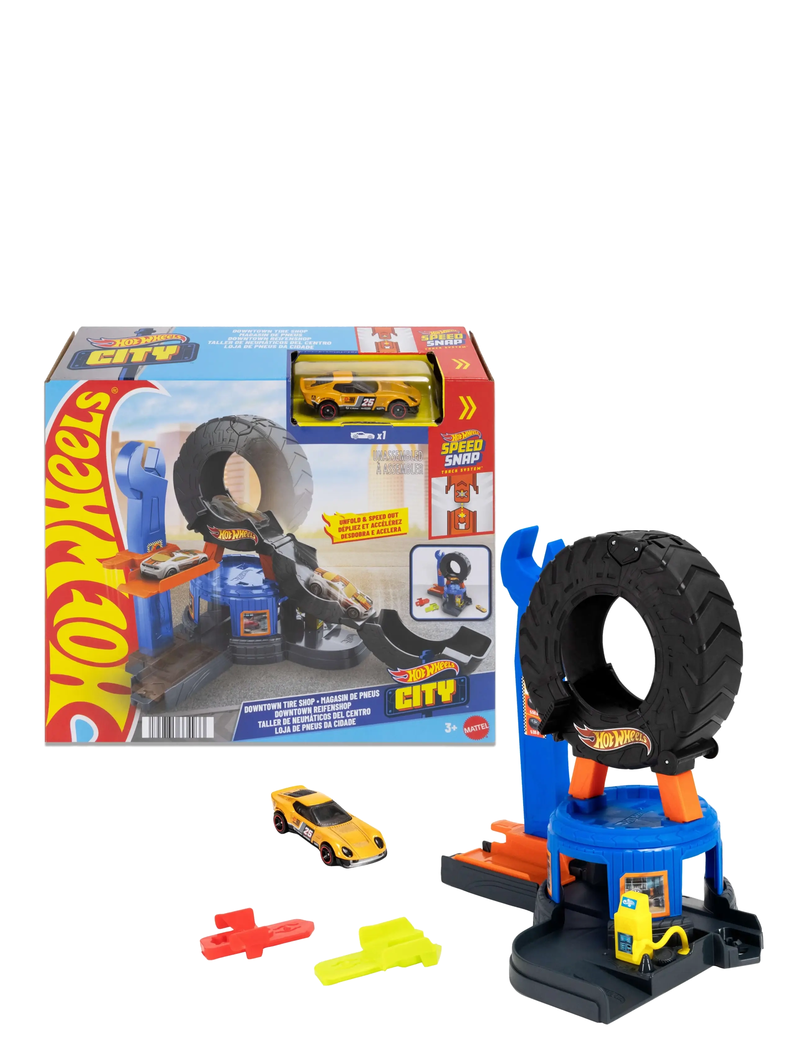 Hot Wheels City Downtown Tire Shop Playset & 1:64 Scale Toy Car, Speed Snap Track Compatible, One Size, Cars Vehicles, Mehrfarbig/gemustert - Race Tra