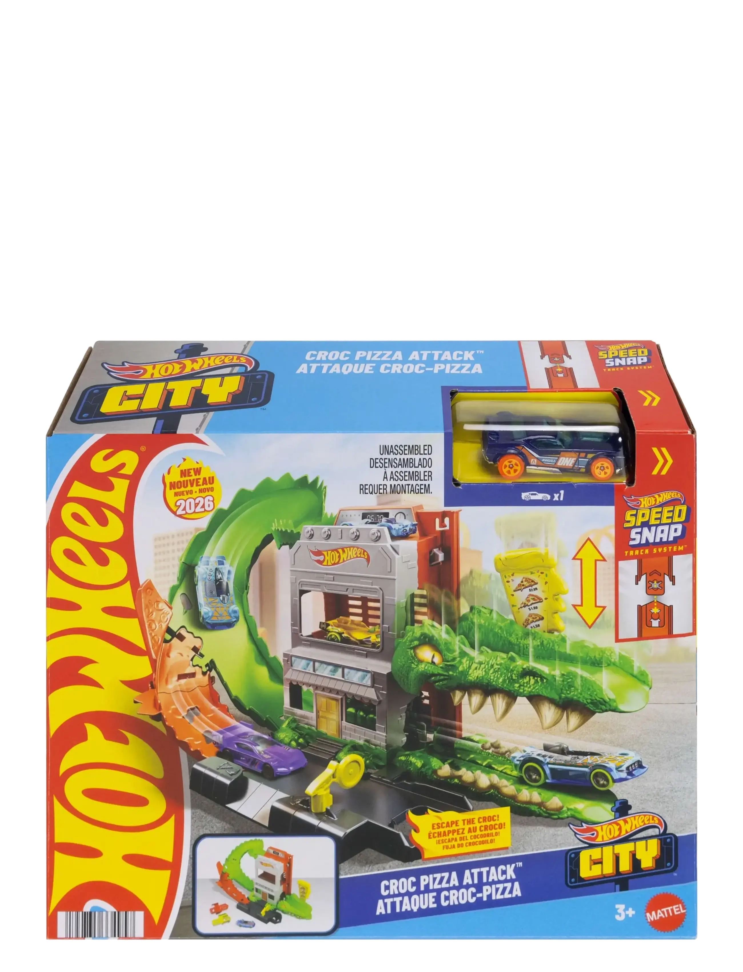 Hot Wheels City Croc Pizza Attack Playset & 1:64 Scale Toy Car, Speed Snap Track Compatible, One Size, Cars Vehicles, Mehrfarbig/gemustert - Race Trac