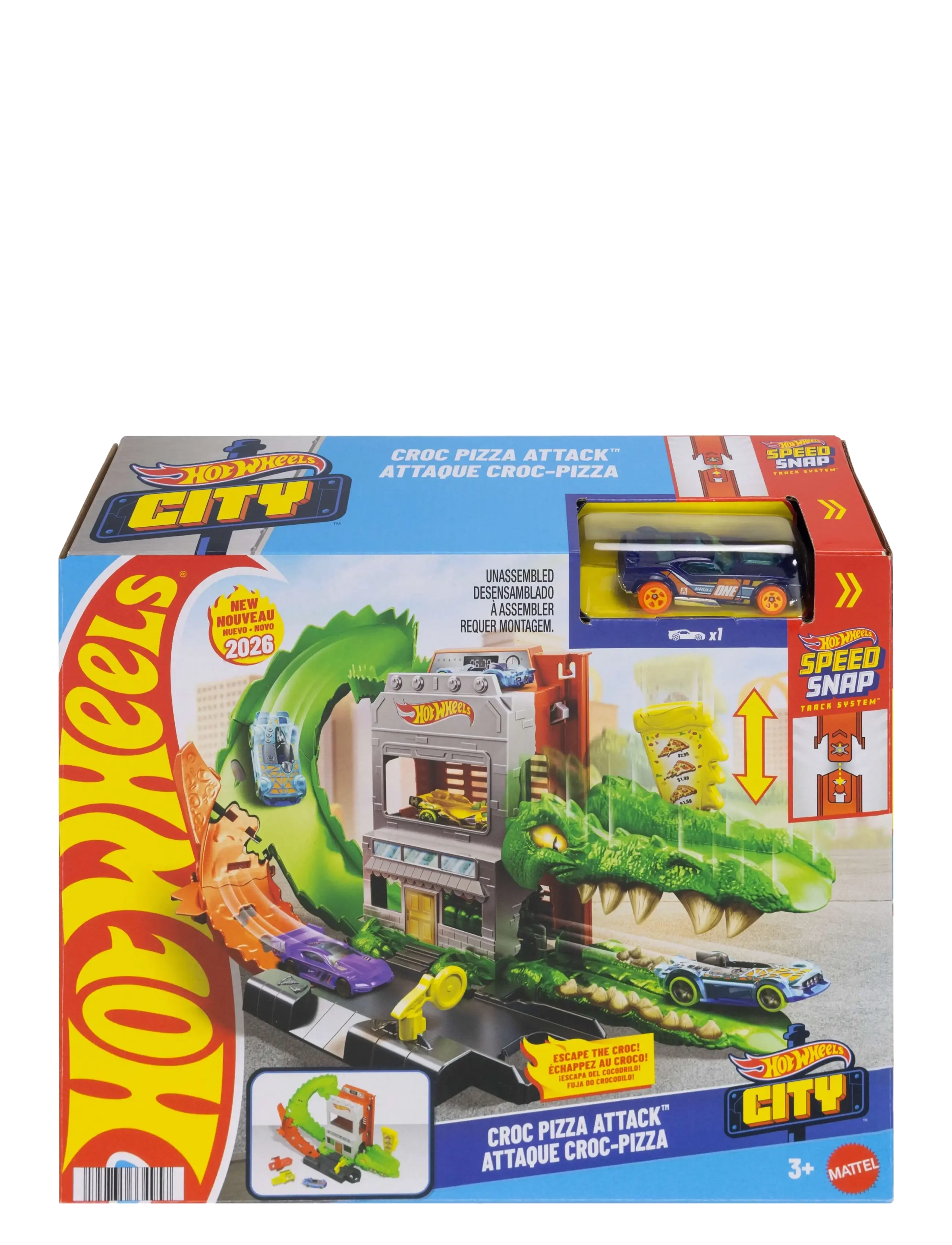 Hot Wheels - City Croc Pizza Attack Playset & 1:64 Scale Toy Car, Speed Snap Track Compatible - lenktynių trasos - multi color - 0