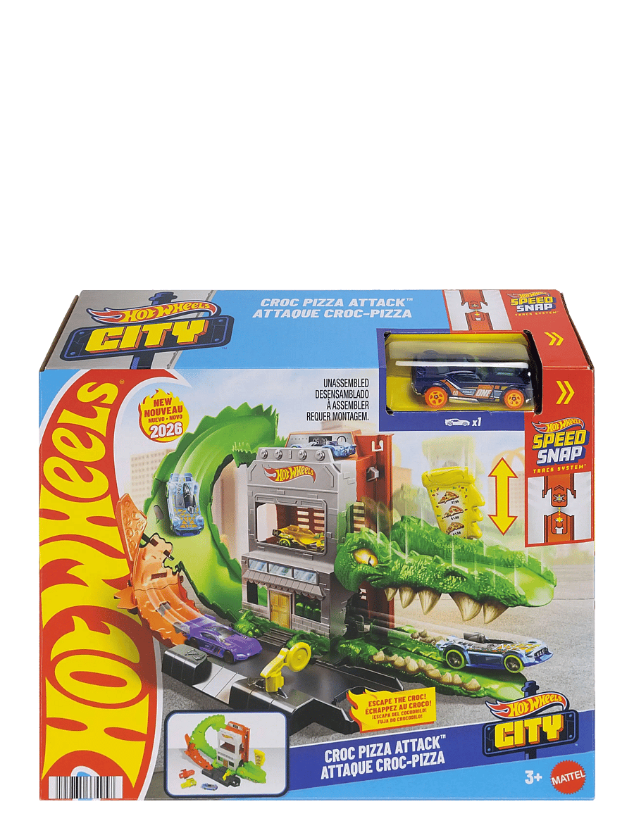 Hot Wheels - City Croc Pizza Attack Playset & 1:64 Scale Toy Car, Speed Snap Track Compatible - lenktynių trasos - multi color - 0
