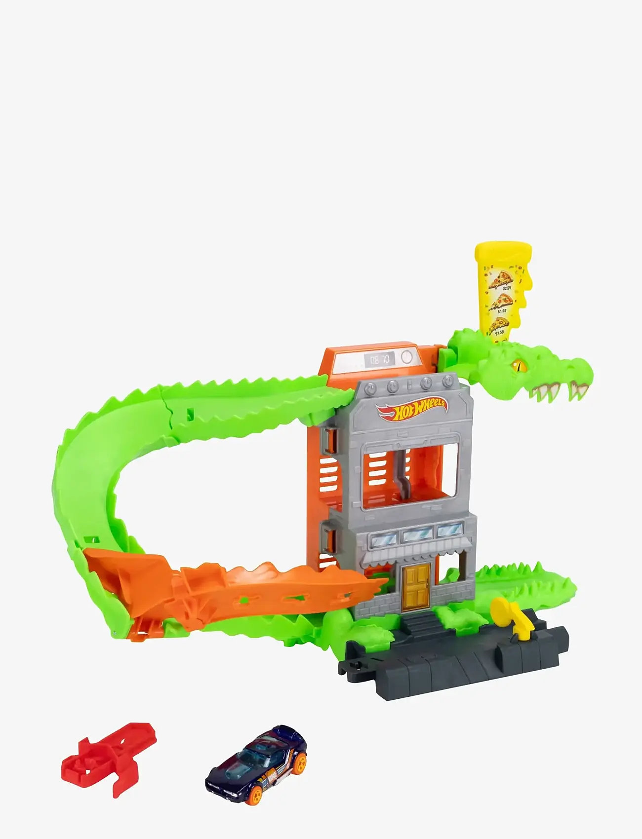 Hot Wheels - City Croc Pizza Attack Playset & 1:64 Scale Toy Car, Speed Snap Track Compatible - racerbaner - multi color - 1