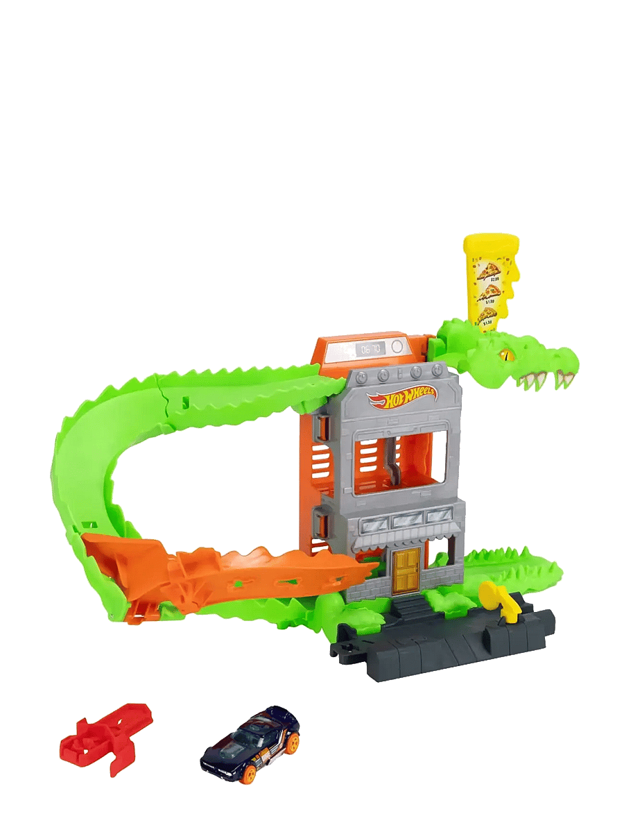 Hot Wheels - City Croc Pizza Attack Playset & 1:64 Scale Toy Car, Speed Snap Track Compatible - sacīkšu trases - multi color - 1