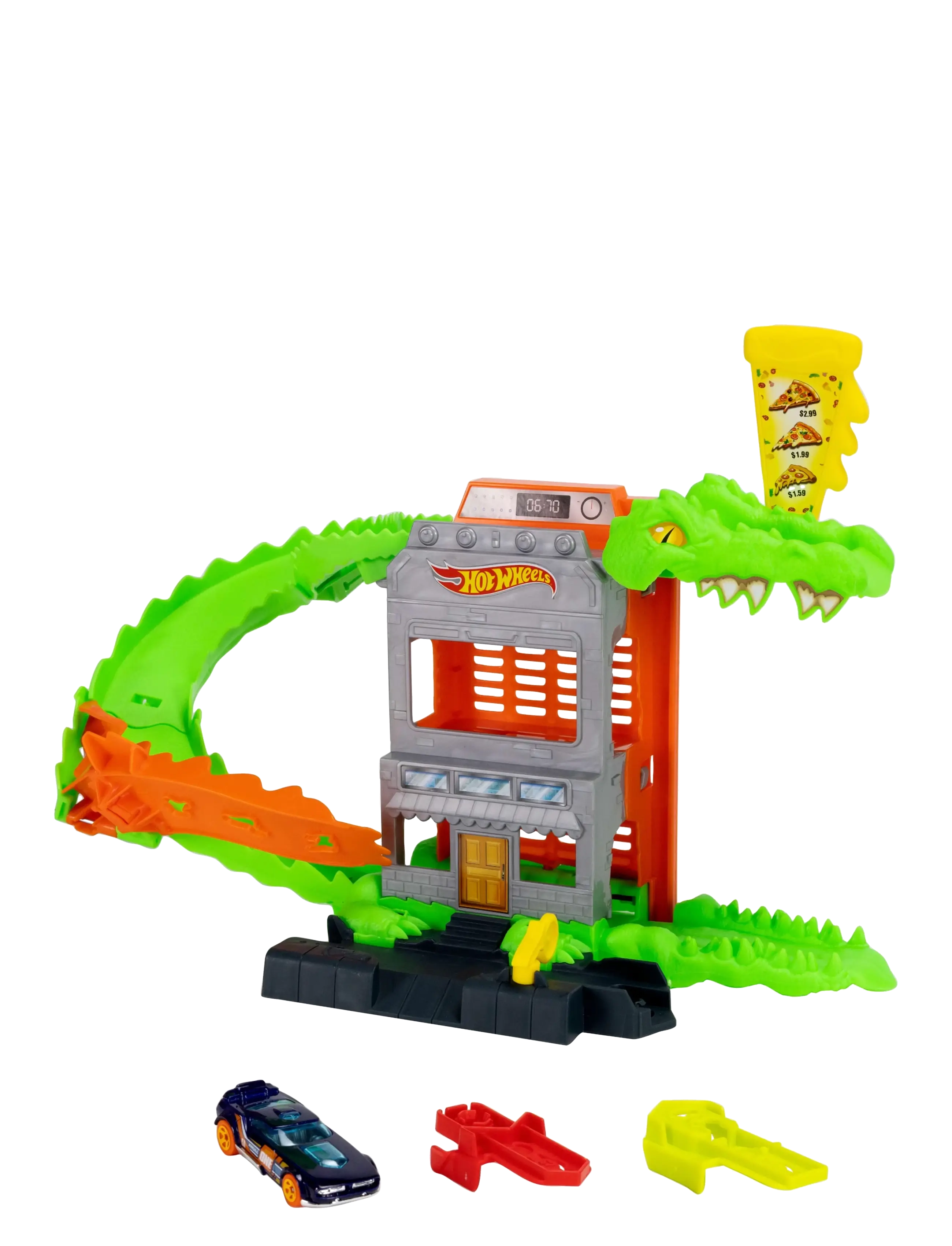 Hot Wheels - City Croc Pizza Attack Playset & 1:64 Scale Toy Car, Speed Snap Track Compatible - lenktynių trasos - multi color - 1