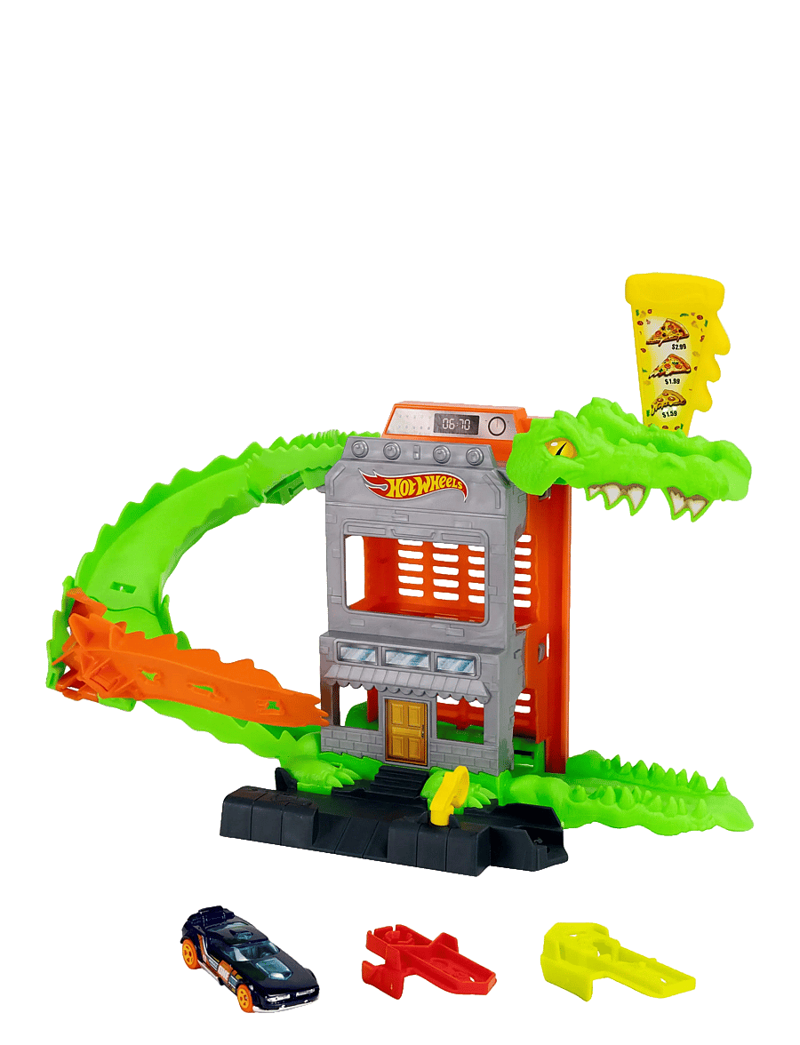 Hot Wheels - City Croc Pizza Attack Playset & 1:64 Scale Toy Car, Speed Snap Track Compatible - lenktynių trasos - multi color - 1