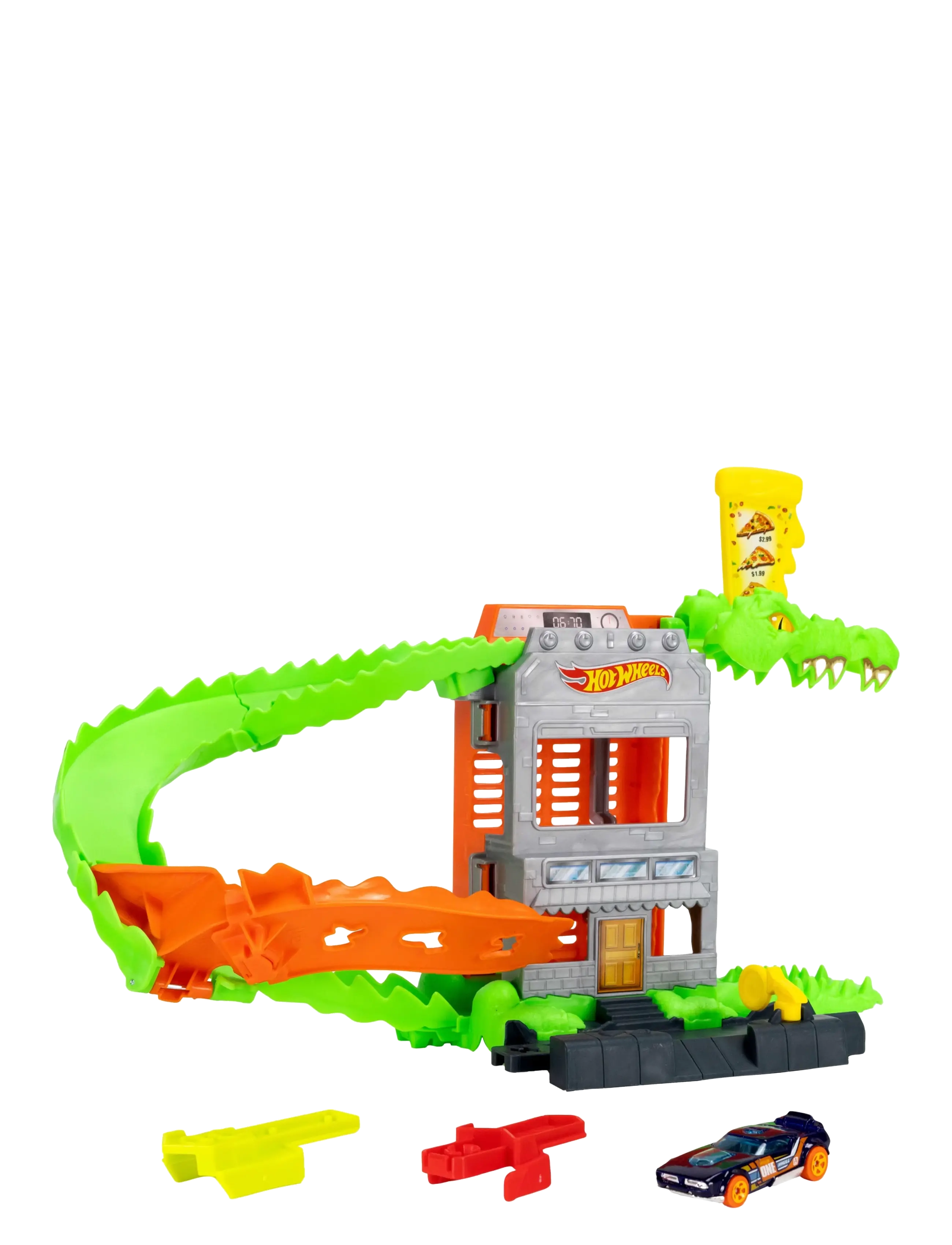 Hot Wheels - City Croc Pizza Attack Playset & 1:64 Scale Toy Car, Speed Snap Track Compatible - lenktynių trasos - multi color - 2