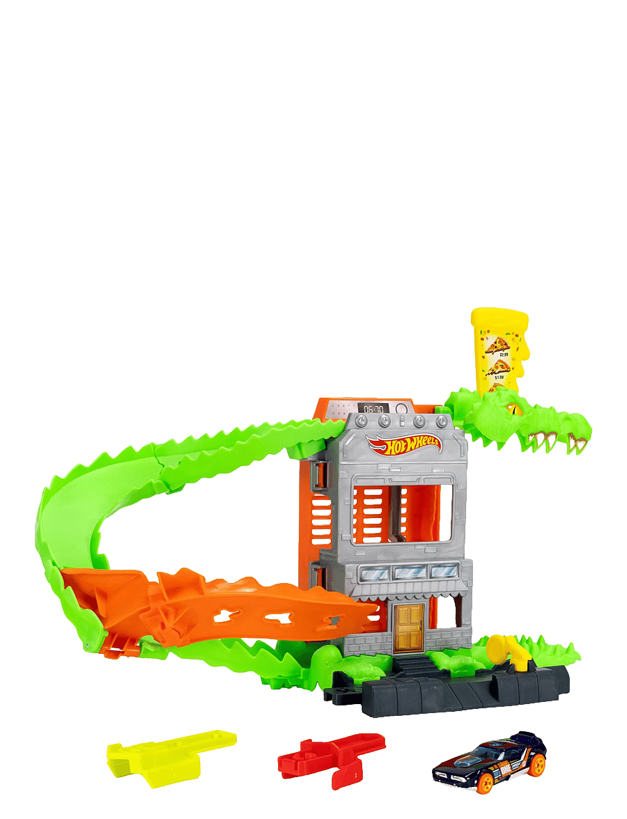Hot Wheels - City Croc Pizza Attack Playset & 1:64 Scale Toy Car, Speed Snap Track Compatible - lenktynių trasos - multi color - 2