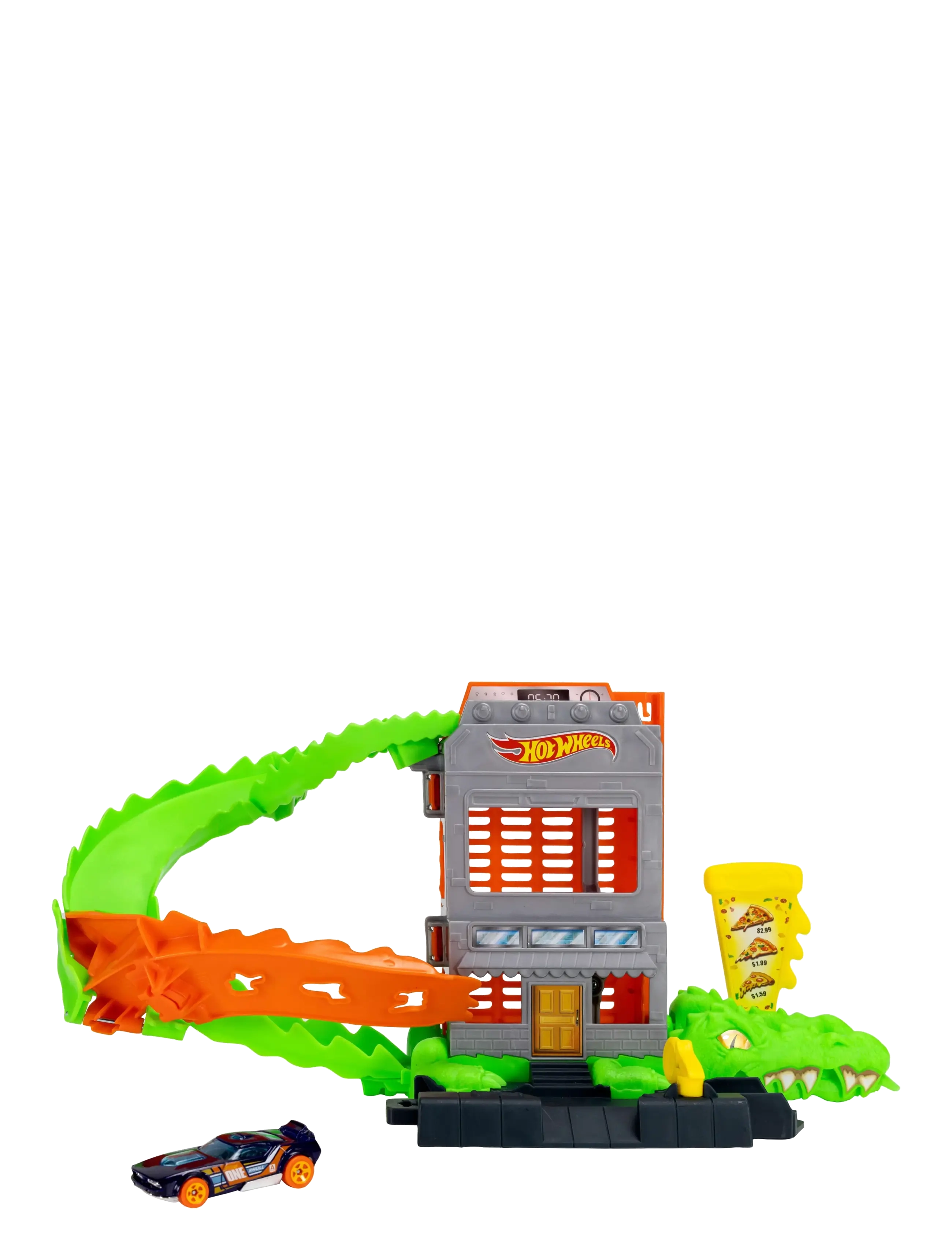 Hot Wheels - City Croc Pizza Attack Playset & 1:64 Scale Toy Car, Speed Snap Track Compatible - lenktynių trasos - multi color - 4