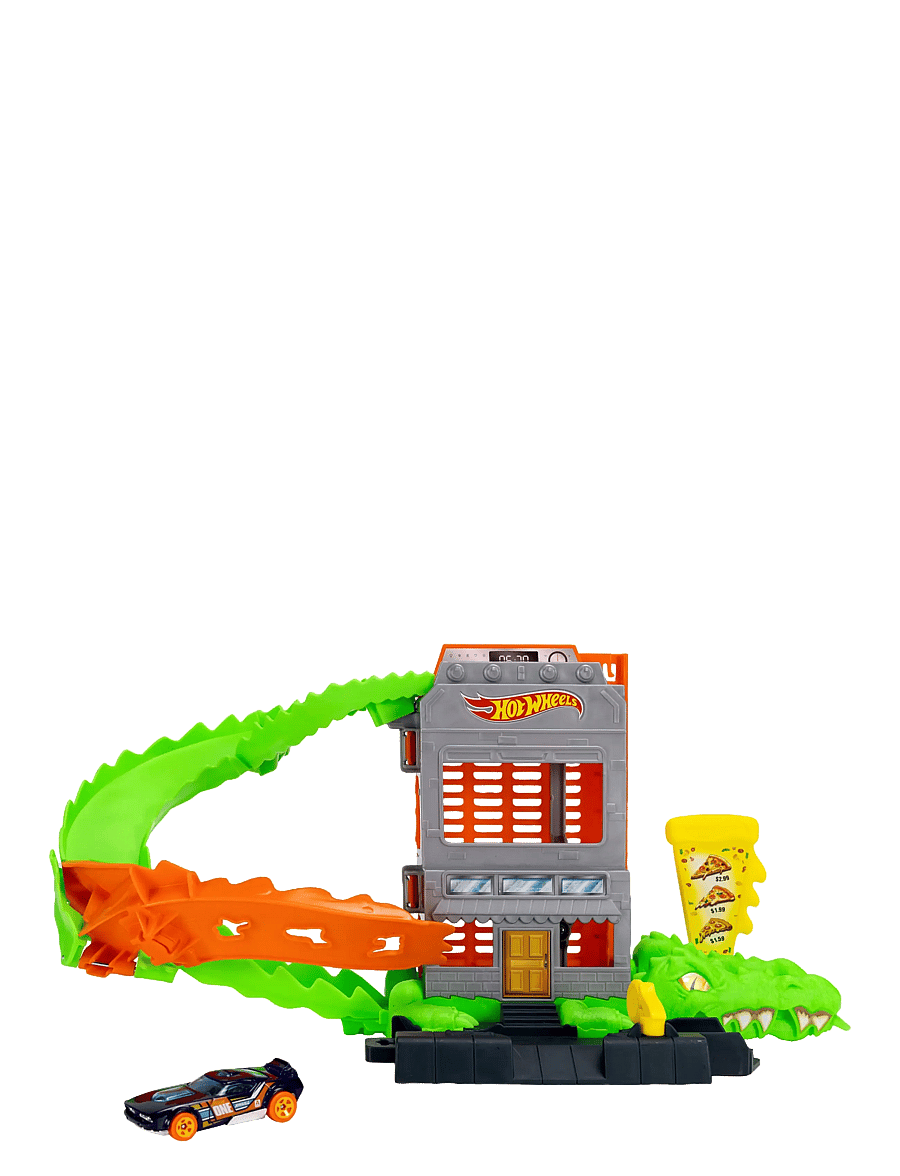 Hot Wheels - City Croc Pizza Attack Playset & 1:64 Scale Toy Car, Speed Snap Track Compatible - lenktynių trasos - multi color - 4