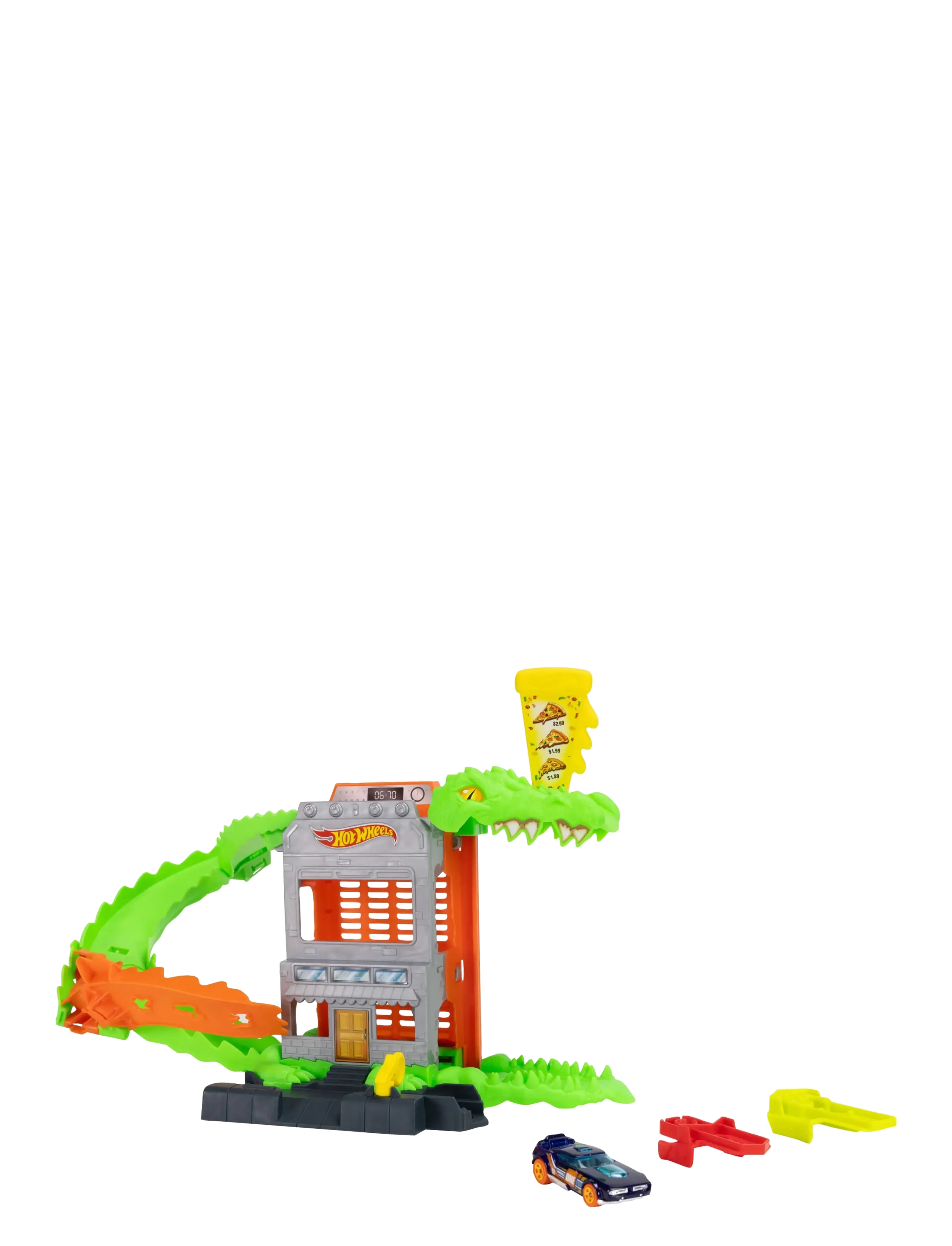 Hot Wheels - City Croc Pizza Attack Playset & 1:64 Scale Toy Car, Speed Snap Track Compatible - lenktynių trasos - multi color - 5