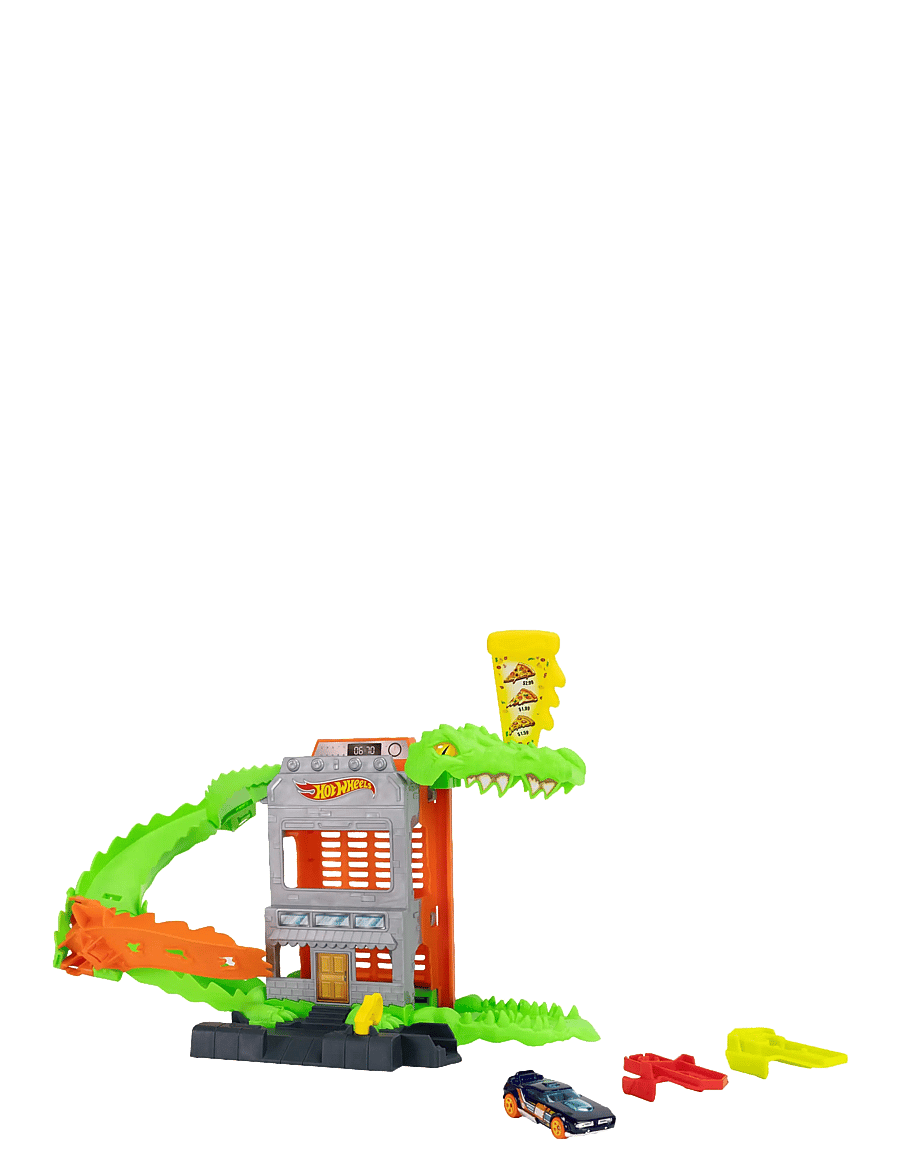 Hot Wheels - City Croc Pizza Attack Playset & 1:64 Scale Toy Car, Speed Snap Track Compatible - lenktynių trasos - multi color - 5