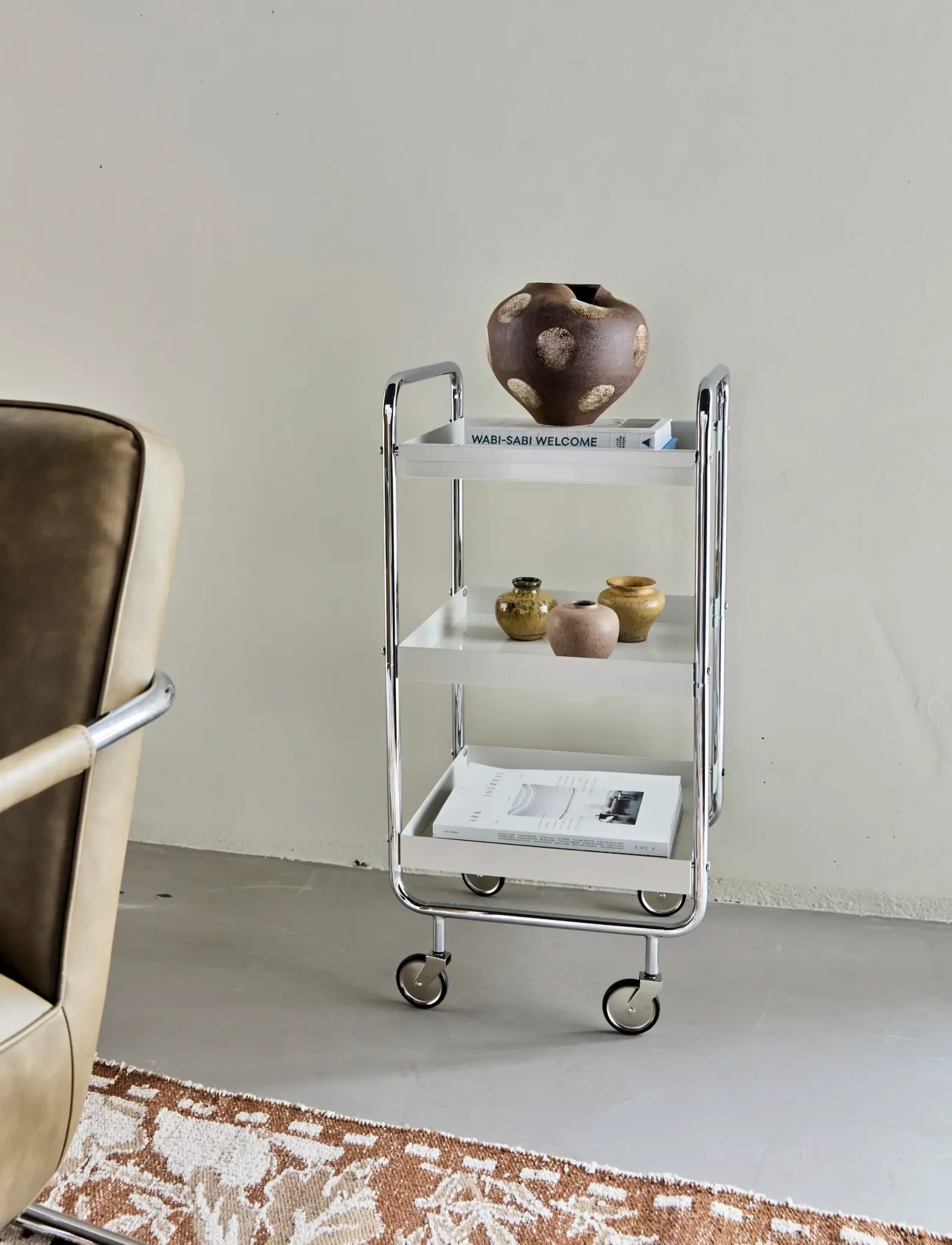 house doctor Trolley, Hdroll, Off-White, Chrome, 42X 38X 85 cm, Tables, Silber - Table Trolleys, Homeware