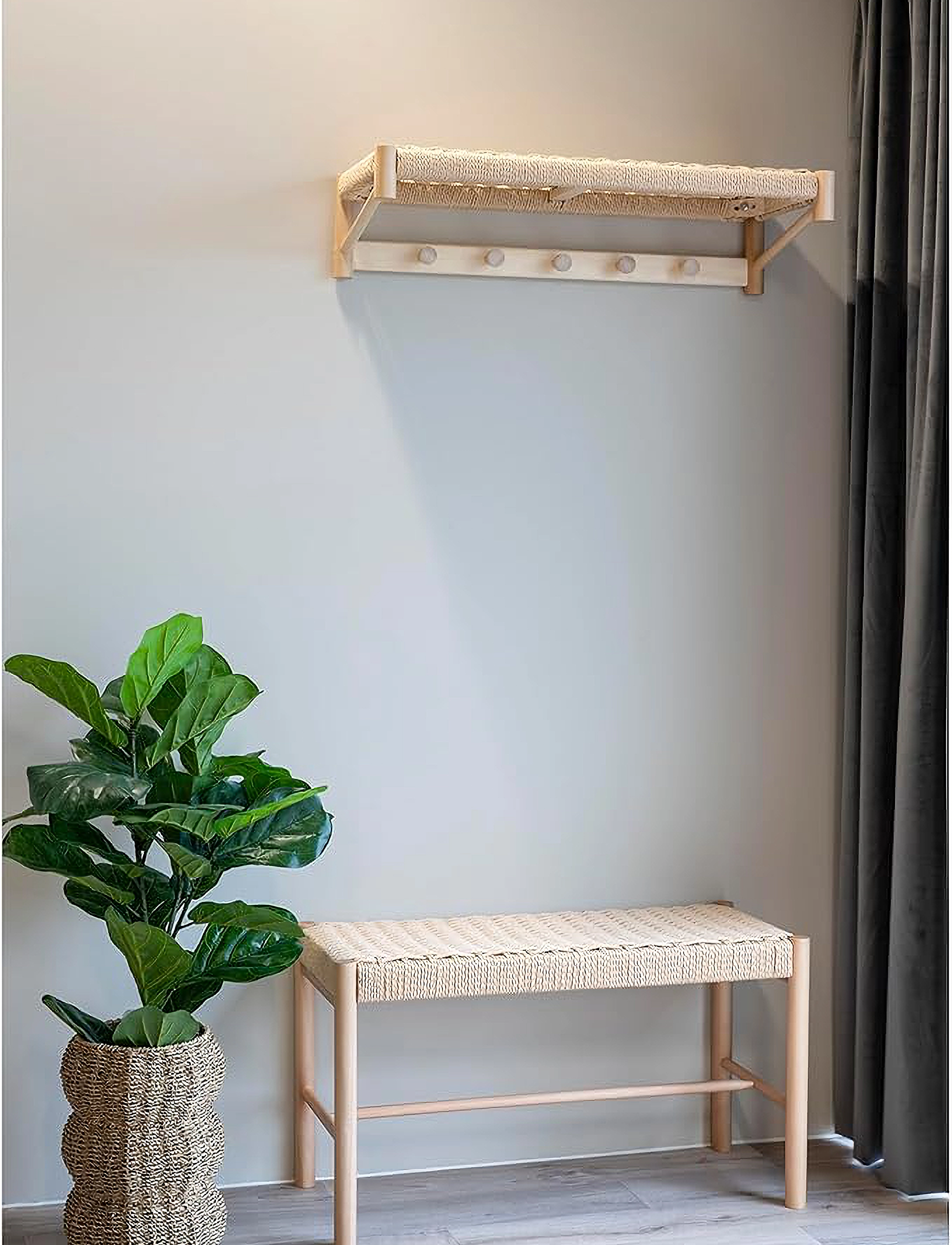 House Nordic - Asta - Bench in poplar wood and woven seat, nature, 35x80x45 cm - toolid ja pingid - natural - 4
