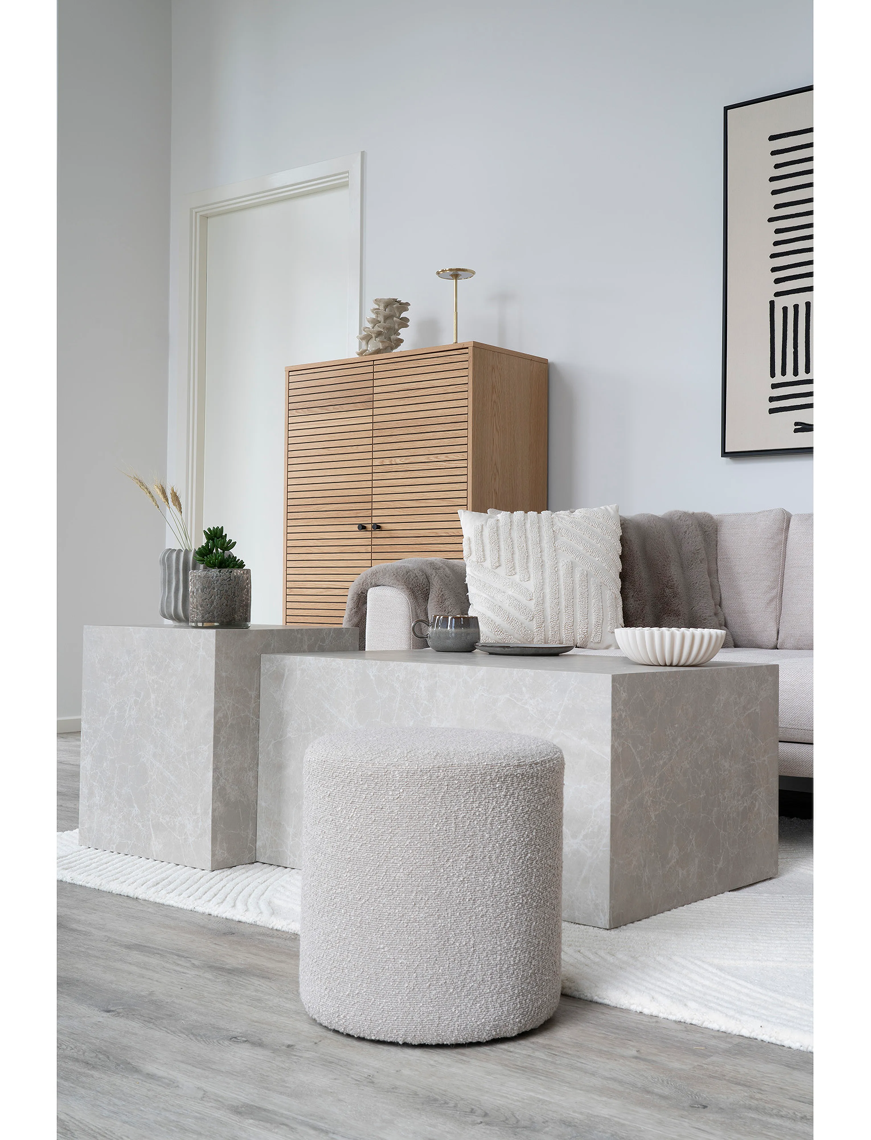 House Nordic Rie Pouf In Bouclé, Ø34X36 cm, Furniture, Beige - Pouffes, Homeware