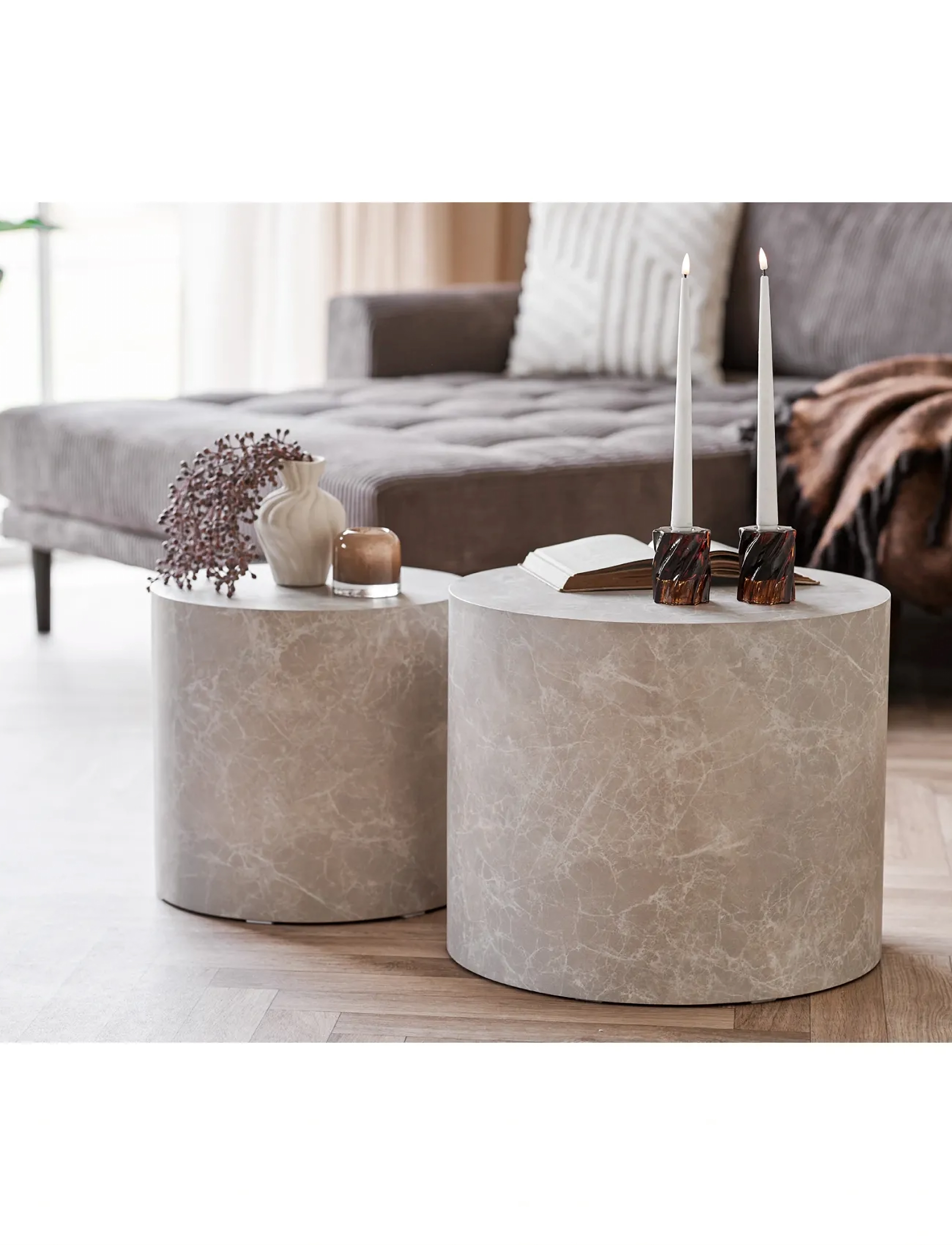 House Nordic Sia Coffee Table, Marble Look, Round, Beige, Set Of 2, 48X48X40 cm, Tables, Grau - Homeware