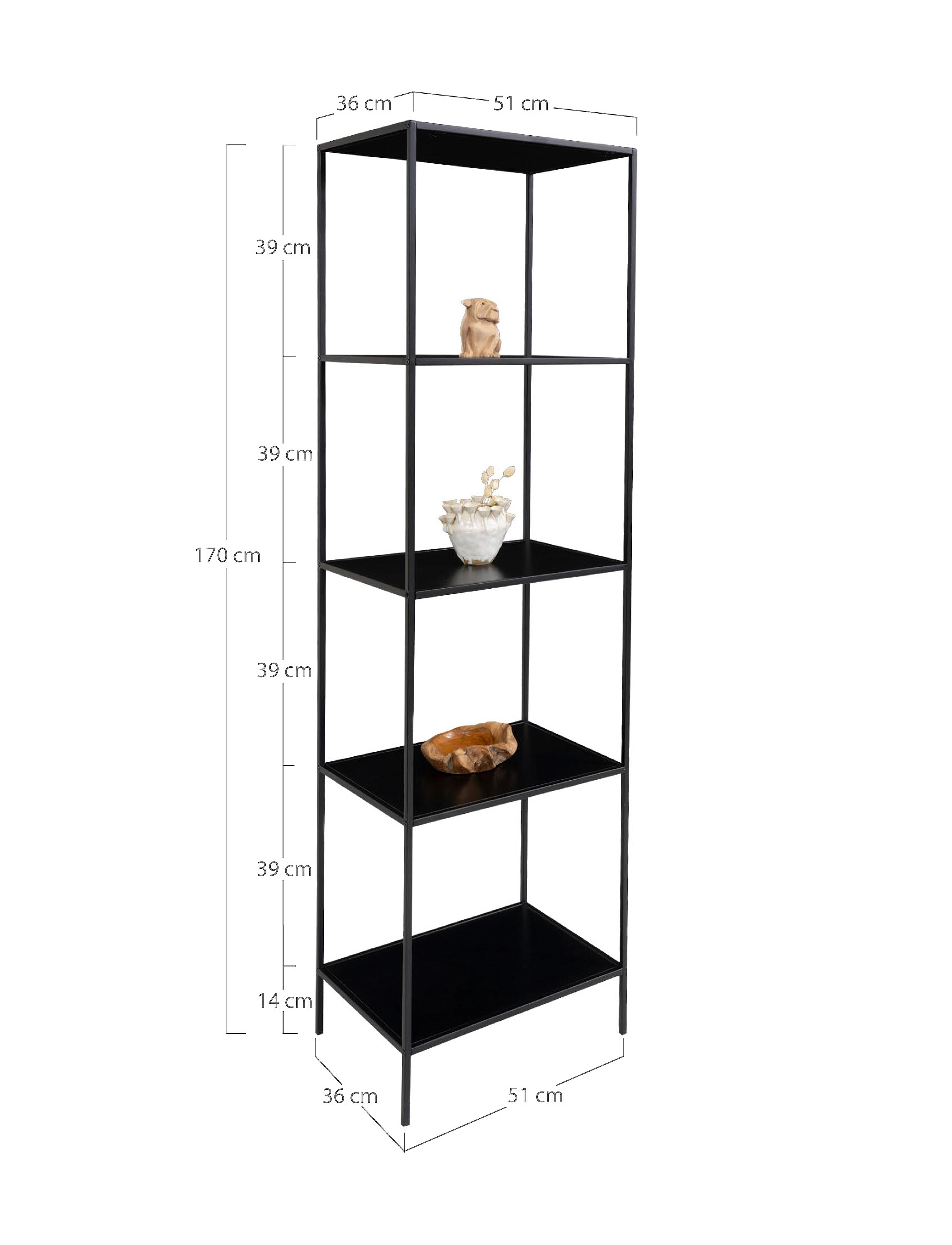 House Nordic Rasa - Shelf, 5 Shelves, Black, Black Frame 51X36X170 cm, One Size, Black, Møbler > Hylder, Unisex