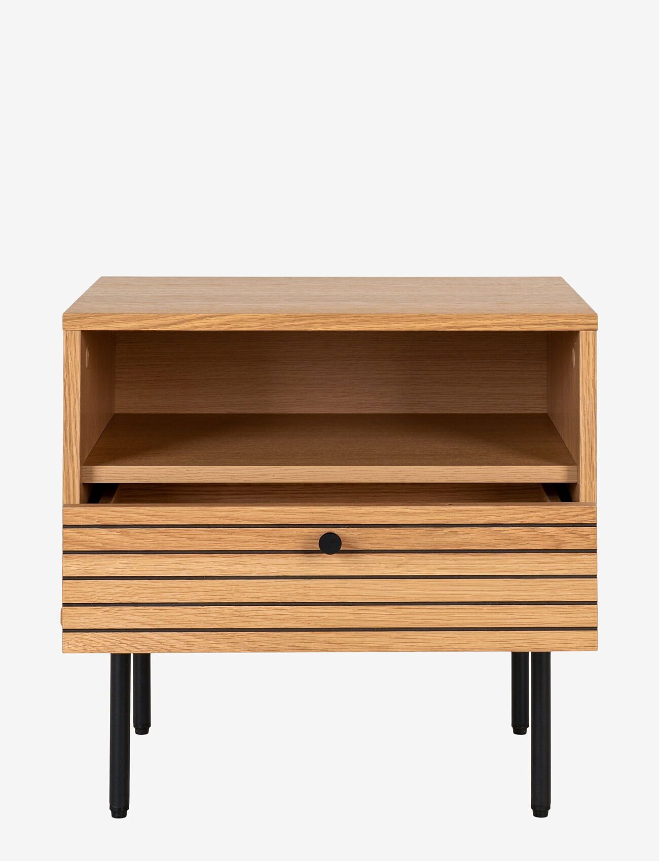 House Nordic - Rika - Side Table, 1 drawer, oak veneer, natural, black metal legs, 50x40x50 cm - beistelltische & kleine tische - oak - 3