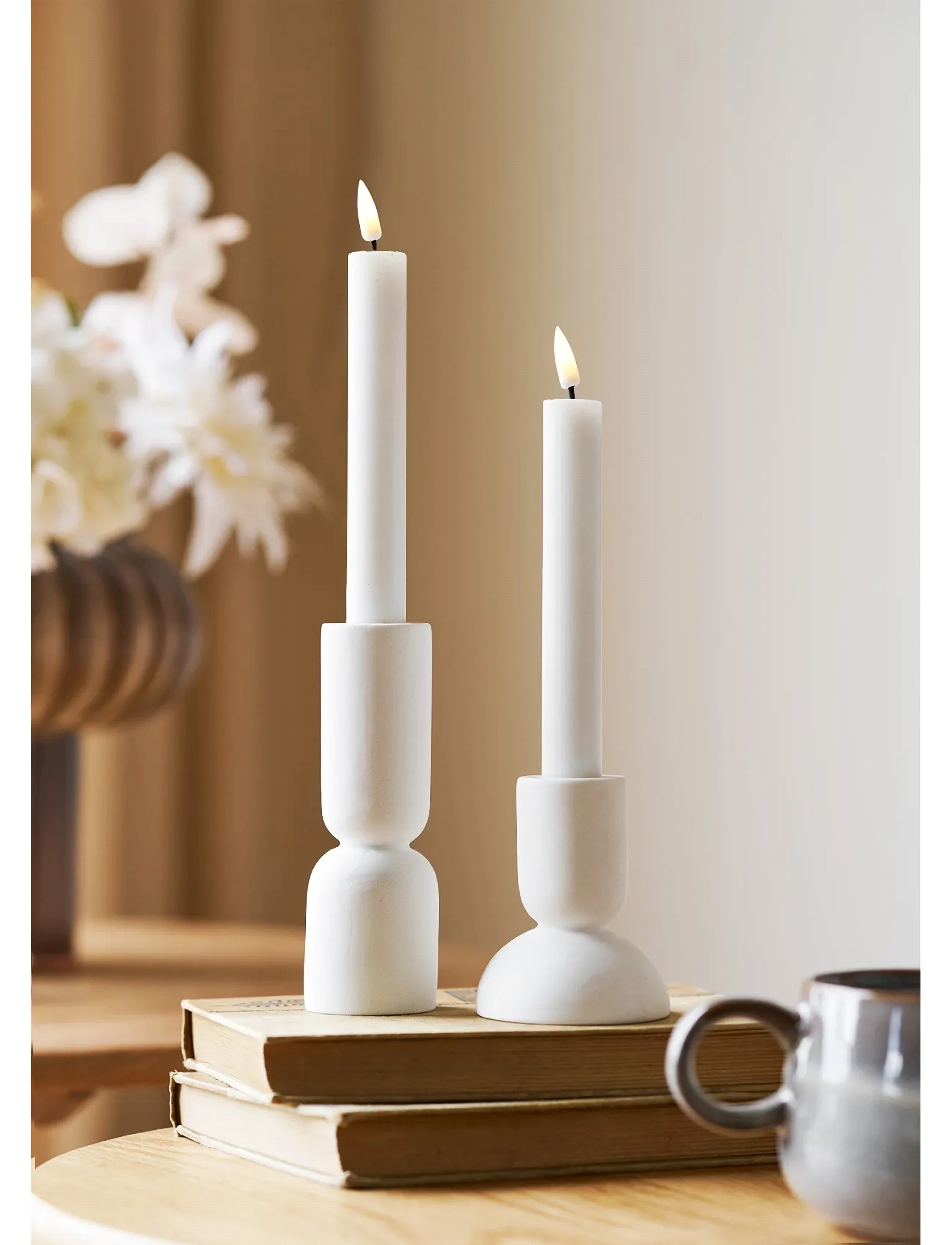 House Nordic Thyra Candle Holder, Limestone, White, Set Of 2, 7.5X7.5X15 cm, Candlesticks & Lanterns, Weiß - Tealight Holders, Homeware