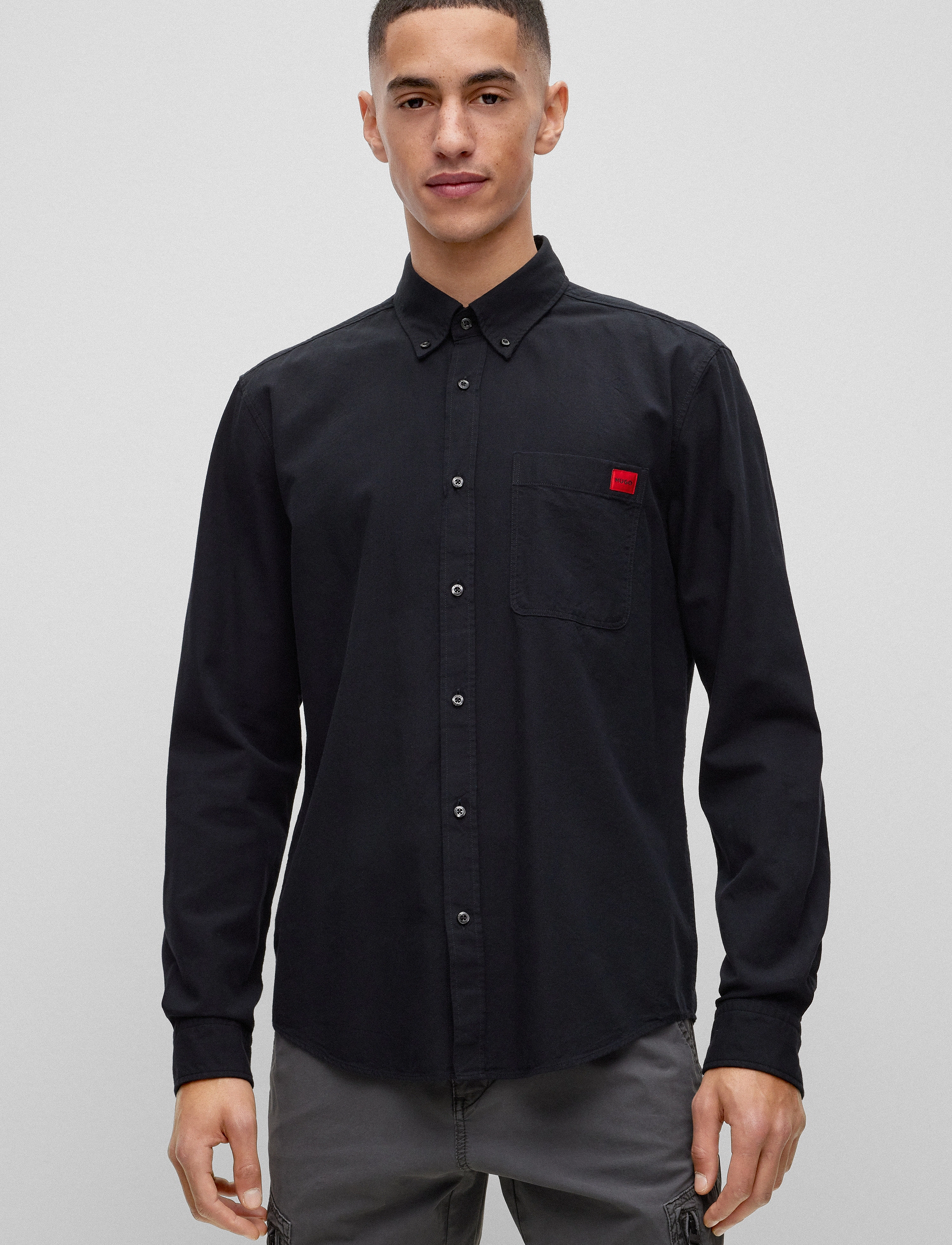 HUGO Evito, Mænd, Langærmet Button-Down Skjorte, Sort, Str: M