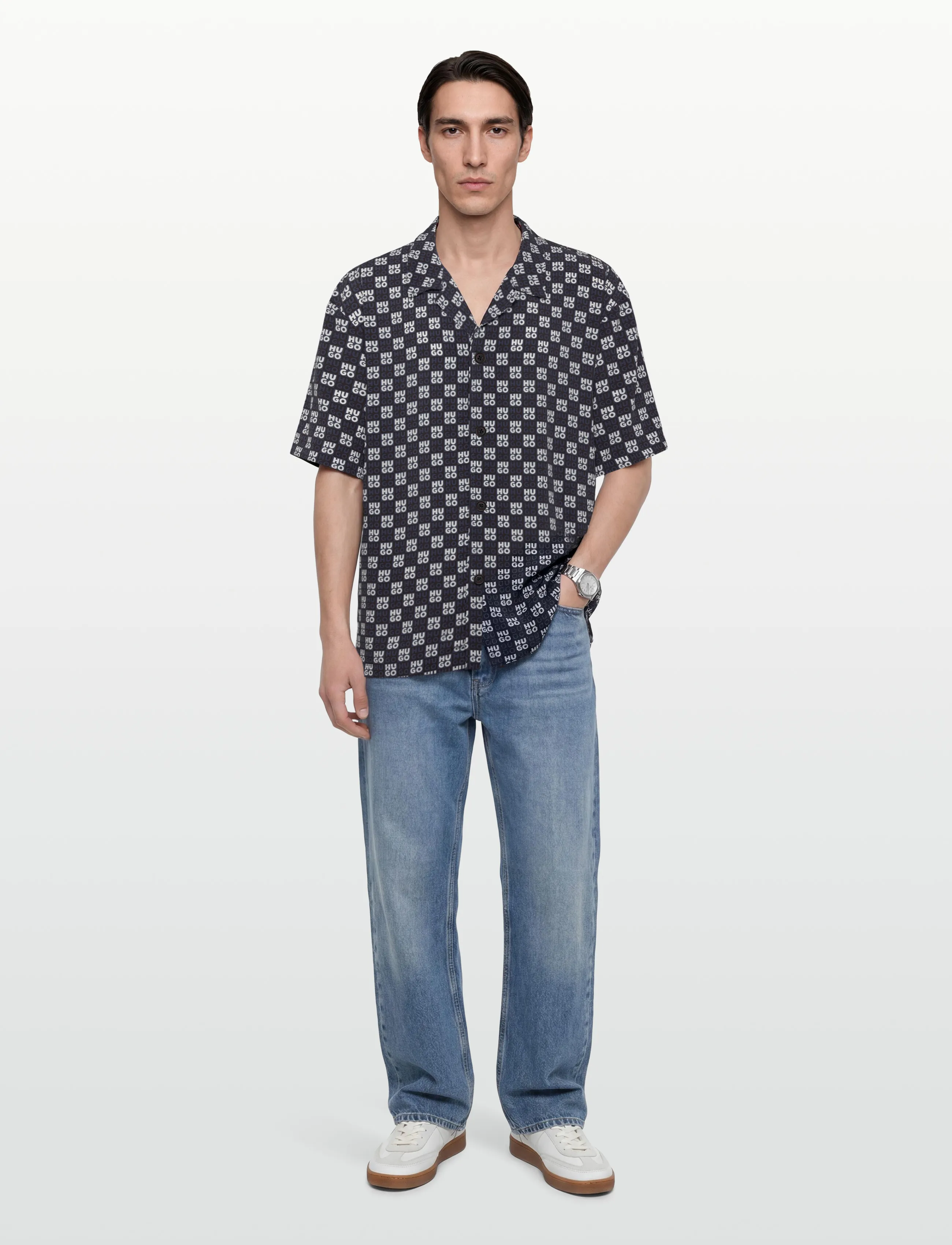HUGO Beach Shirt Relaxed, XXL, Navy, Skjorter > Kortærmede Shirts, Herre