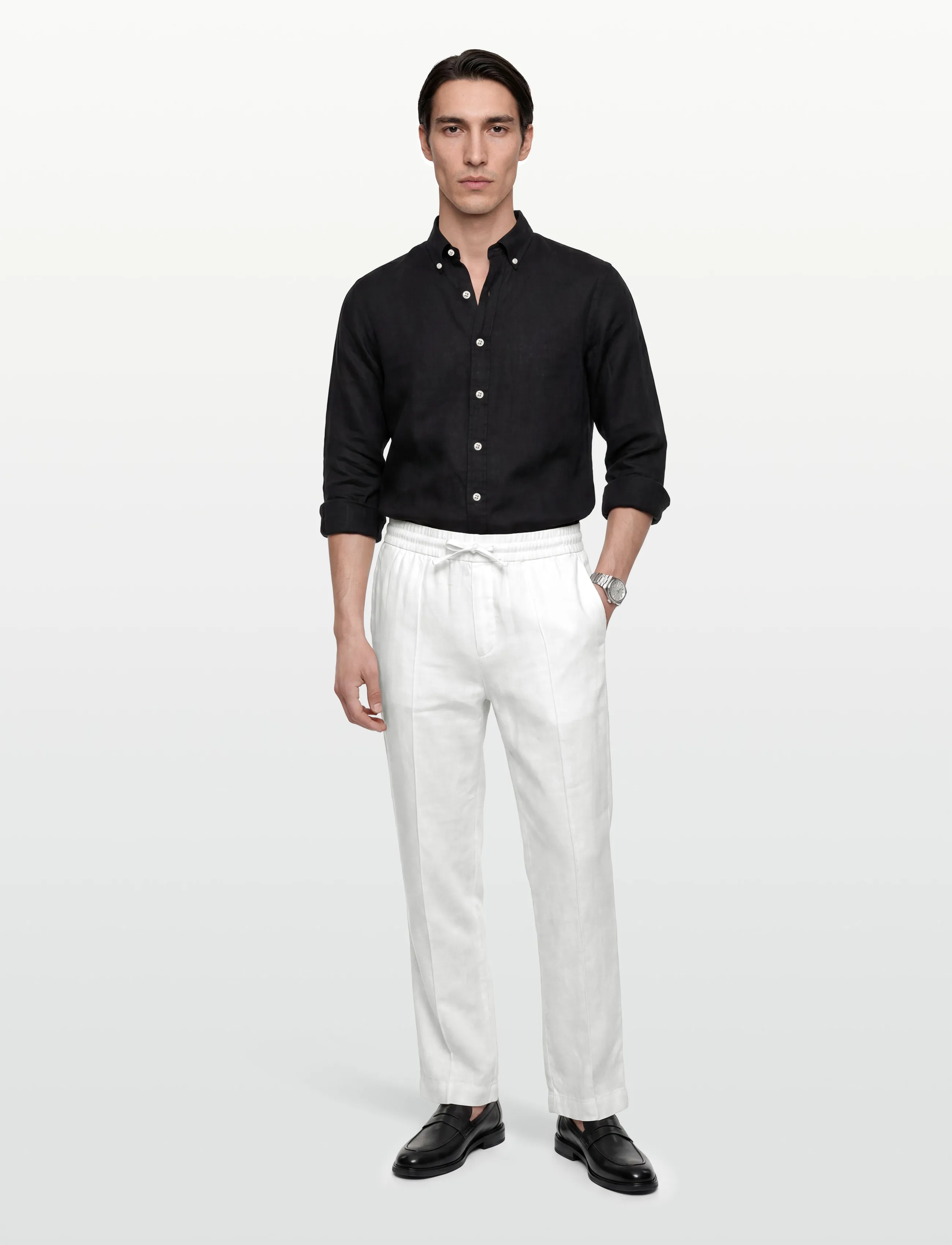 HUGO Cino262FW - Pellavahousut - NATURAL / white