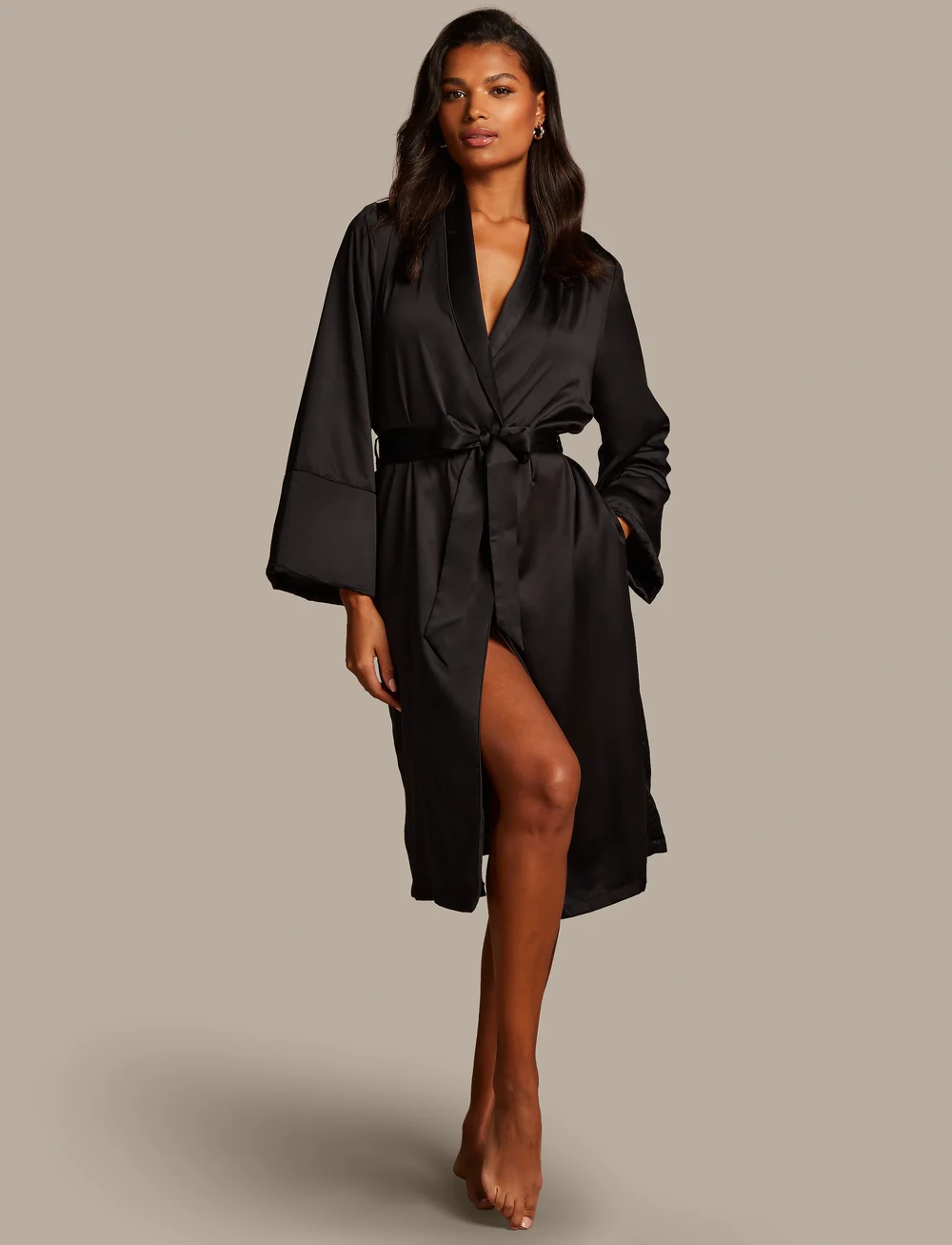 Long black satin dressing gown online