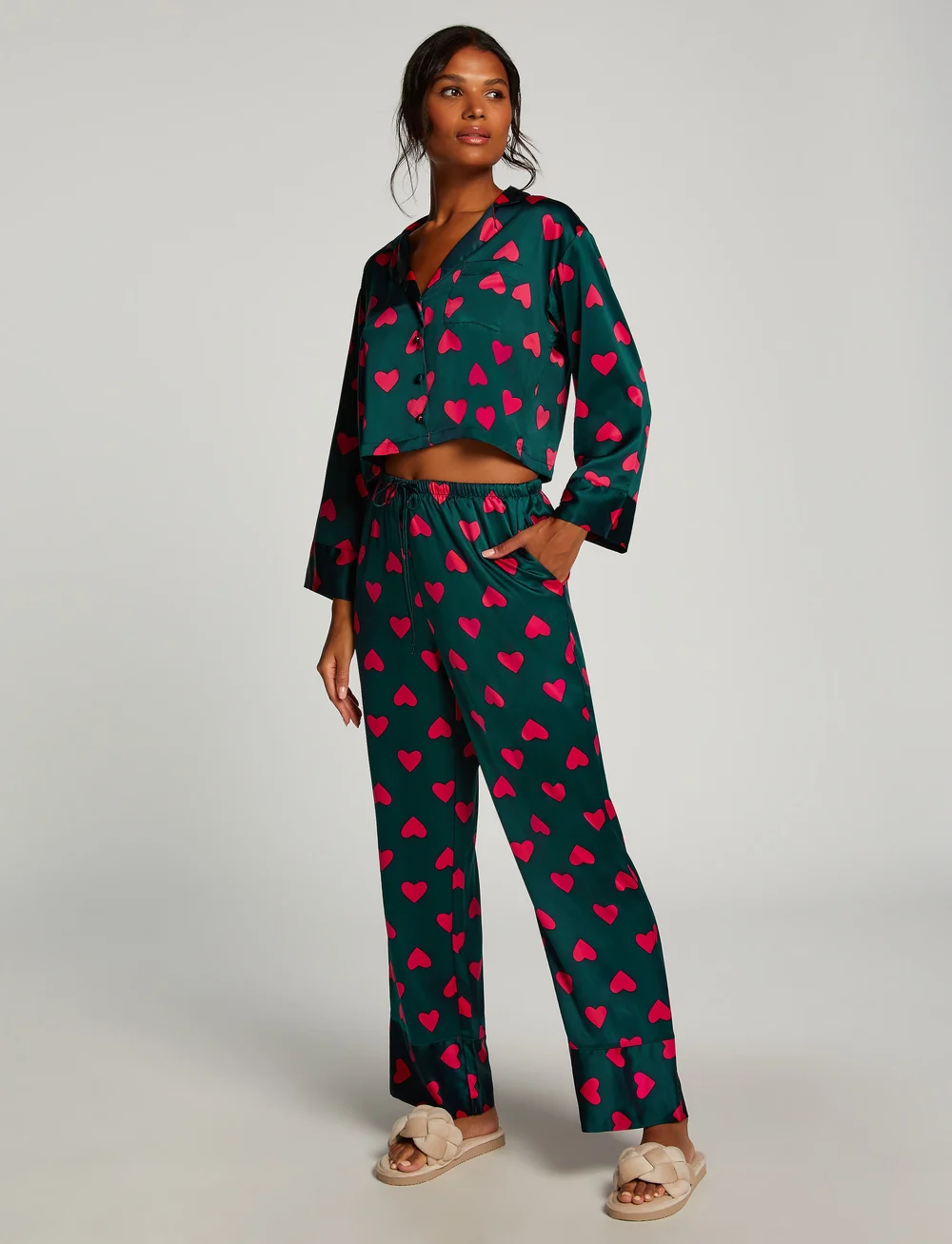 Hunkemoller Jacket Ls Satin Hearts nachtwasche loungewear einkaufen bei Booztlet Osterreich