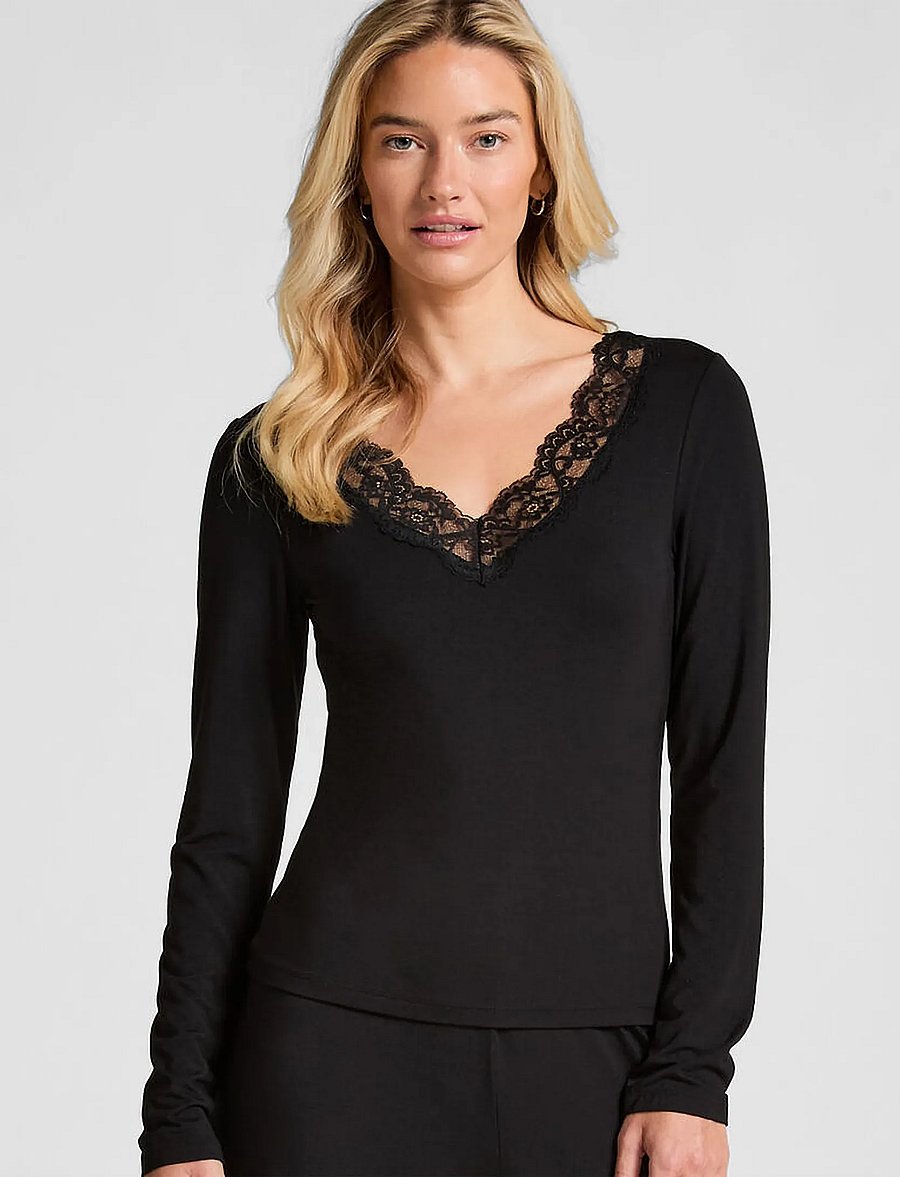 Hunkemöller - PJ LS JERSEY MODAL LACE NANA - pyjamas - black - 0