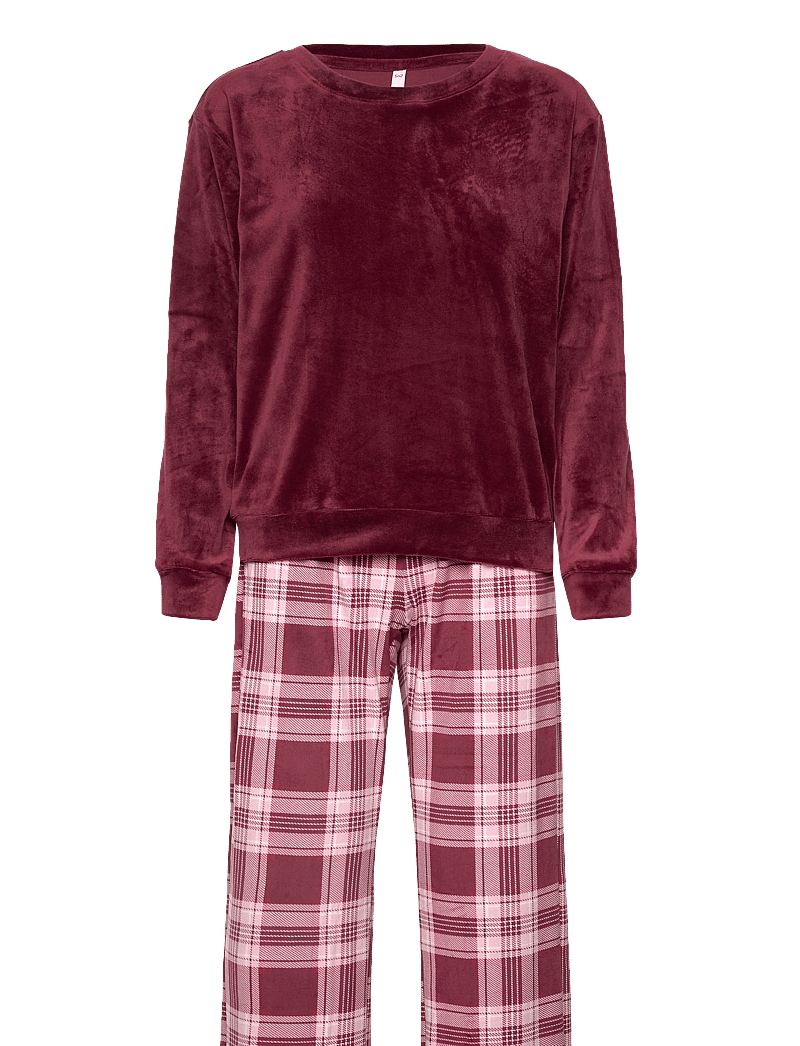 Hunkemöller - PJ SET LS VELOURS CHECK - pyjamas - tawny port - 0