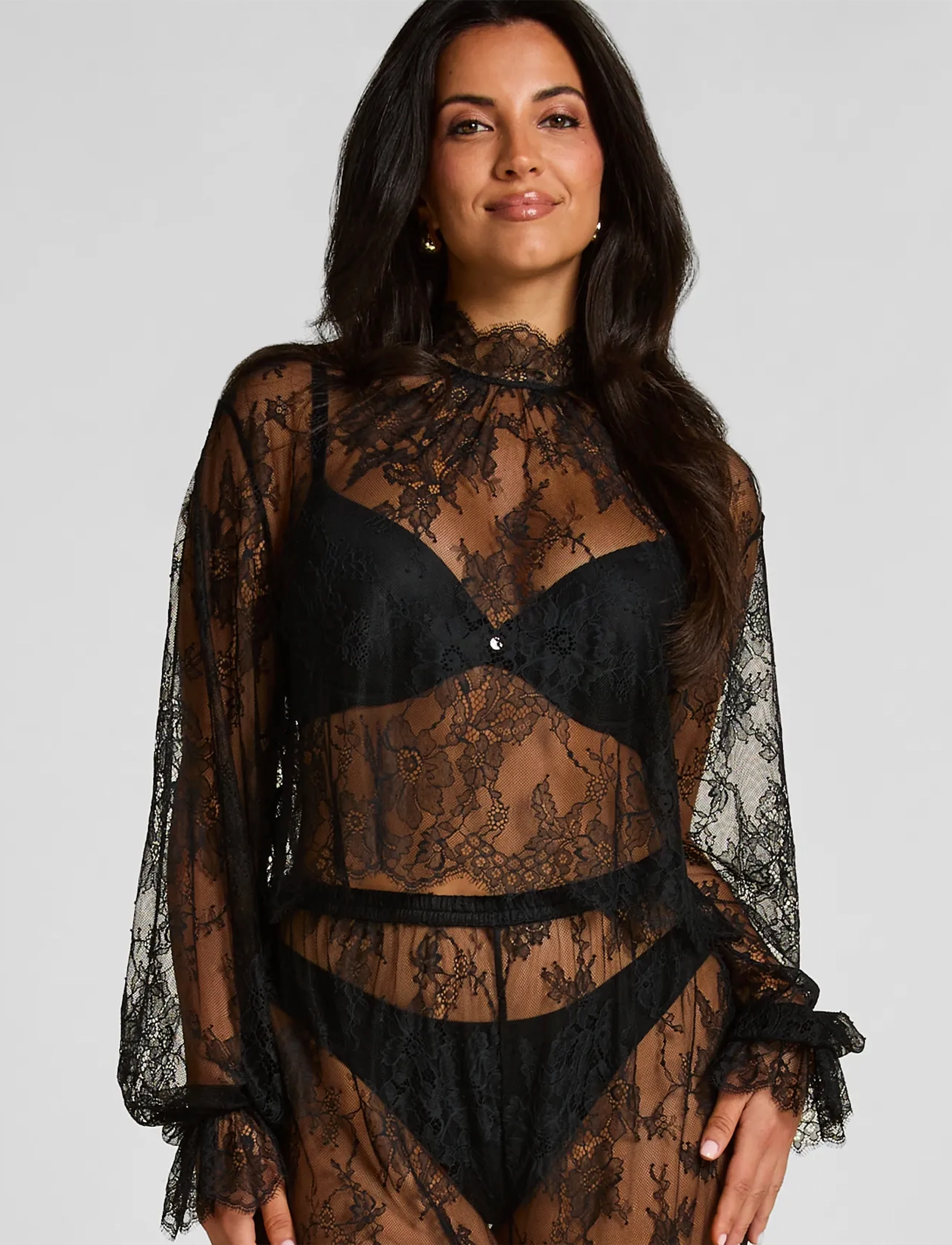 Hunkemöller TOP LS LACE CECILIA - Hunkemöller - CAVIAR / black