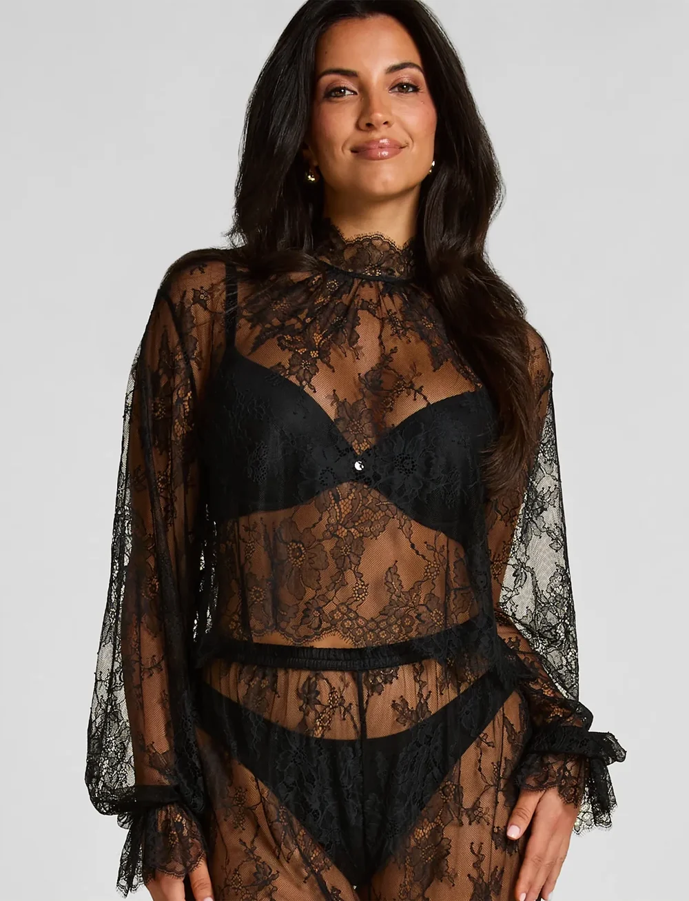 Hunkemöller - TOP LS LACE CECILIA - oberteile - caviar - 0