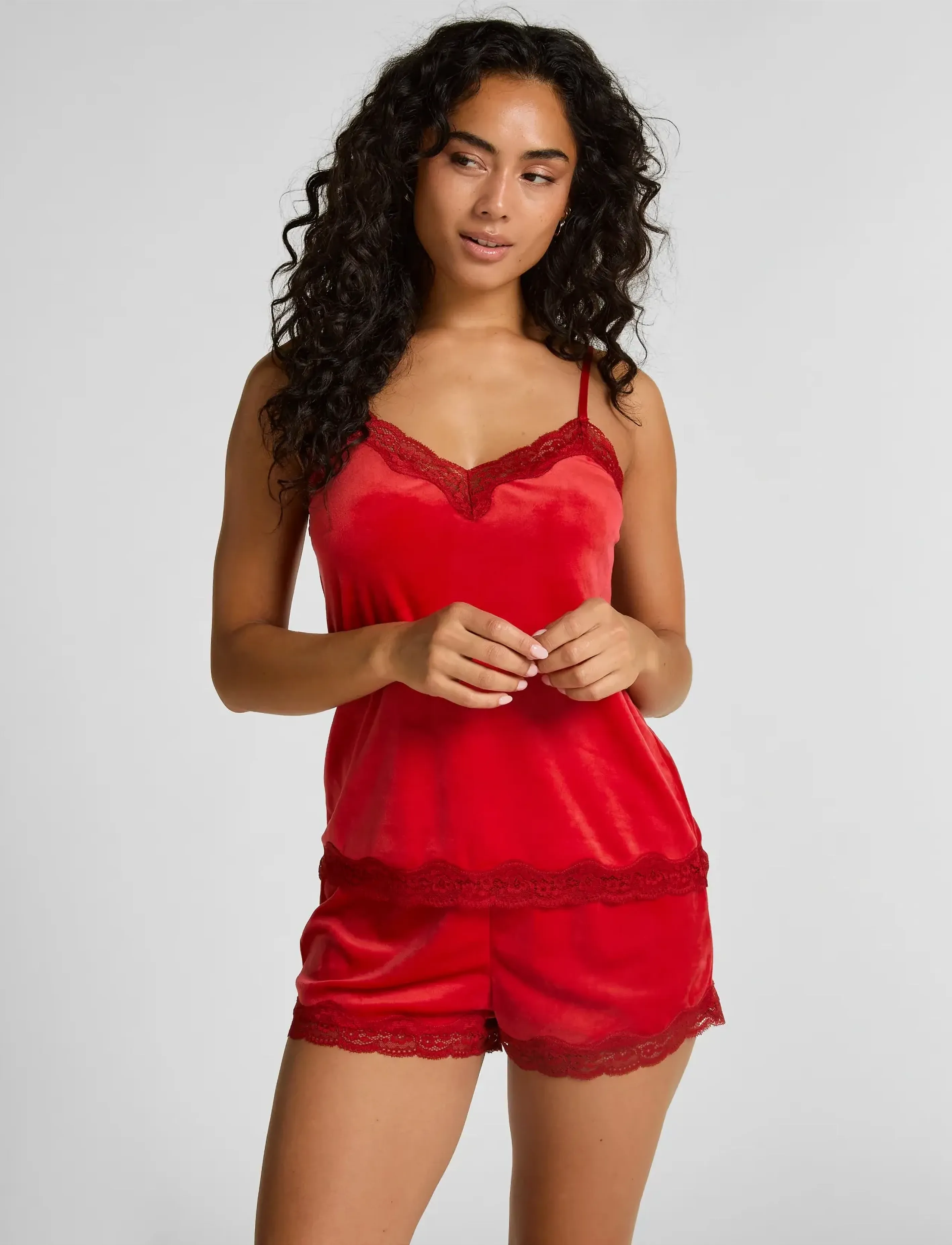 Hunkemöller PJ CAMI VELOURS SCALLOP LACE - Undertøj - RED / red