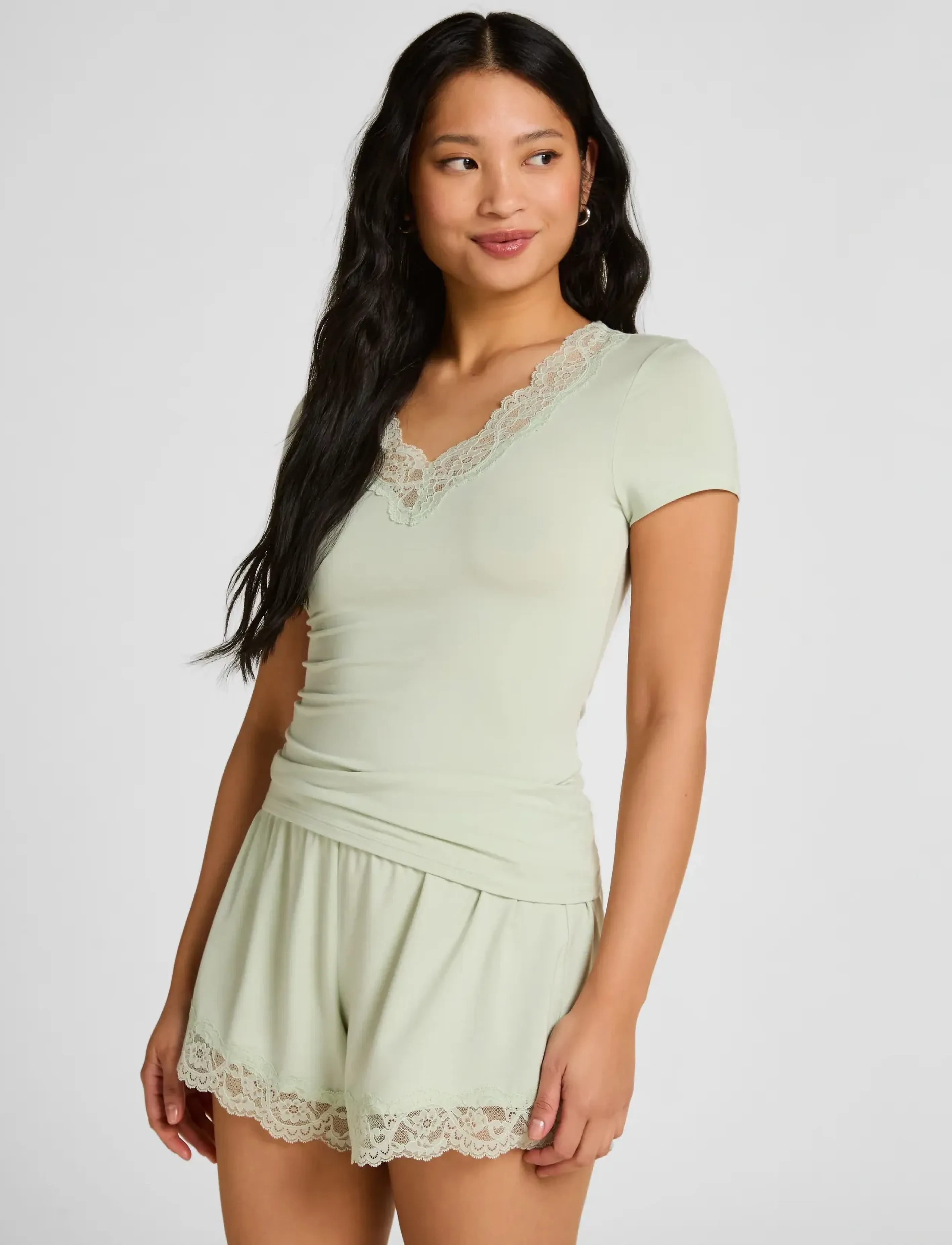 Hunkemöller - PJ SS SHORT MODAL LACE NANA - sea foam - 0