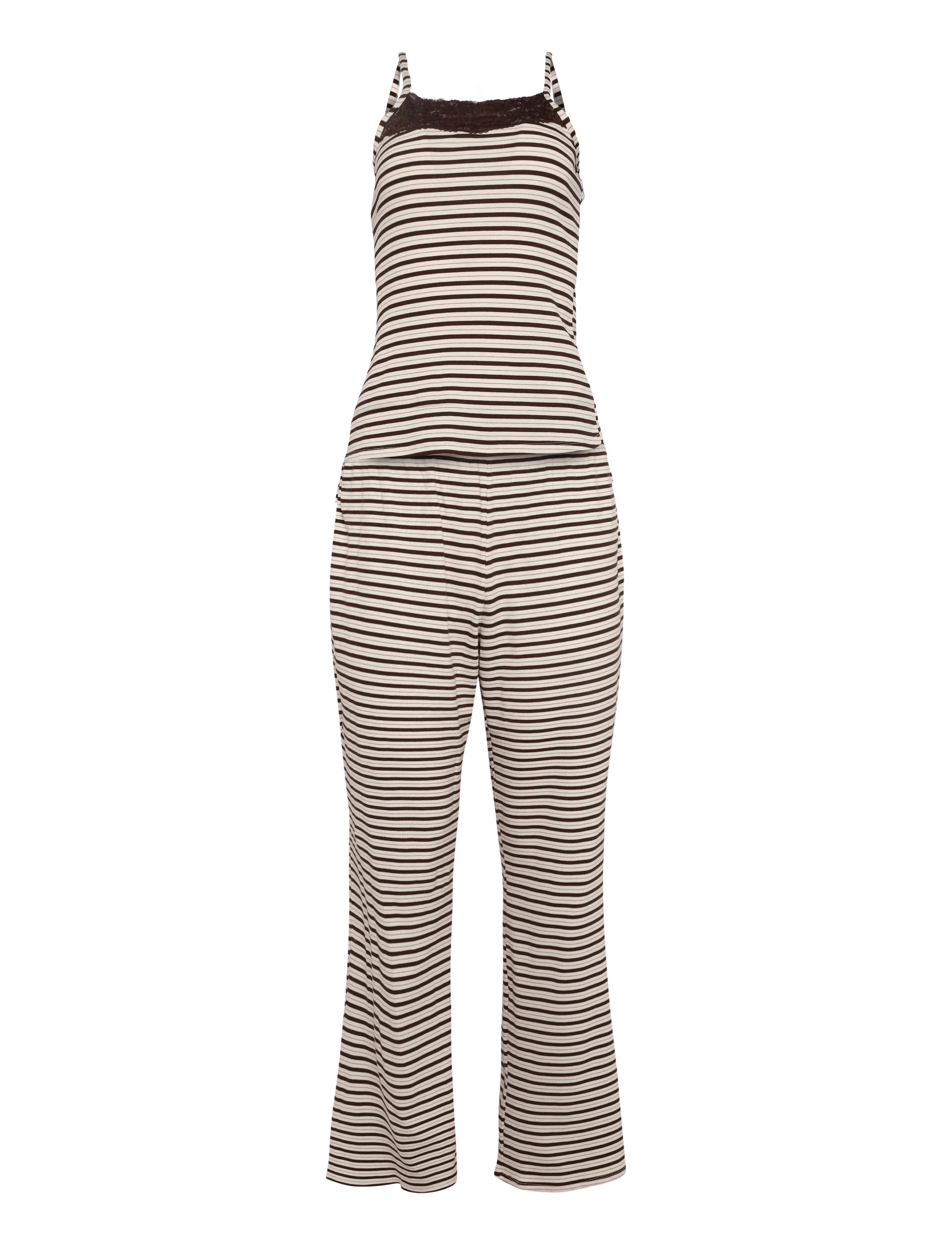 Hunkemöller - Pj Cami Pant Rib Lace Print - pysjamas - chicory coffee - 1