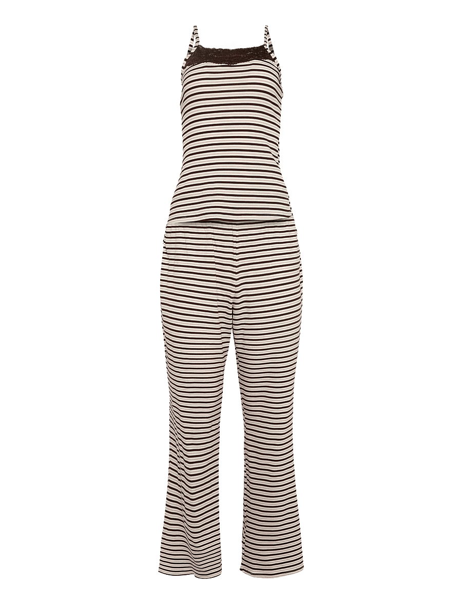 Hunkemöller - Pj Cami Pant Rib Lace Print - pysjamas - chicory coffee - 1