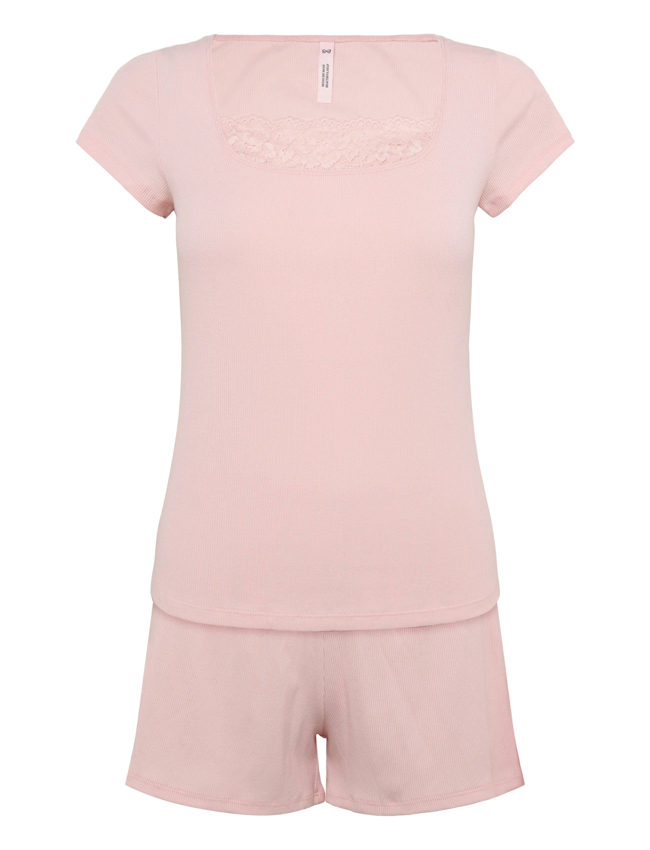 Hunkemöller Pj Ss Short Rib Lace - Pyjamas - LOTUS / pink/rose
