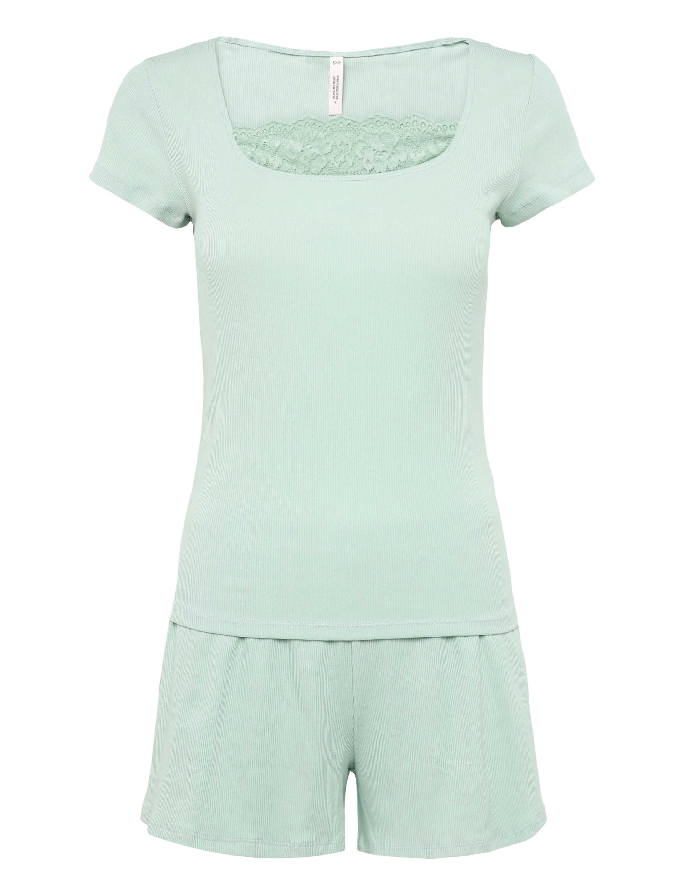 Hunkemöller PJ SS SHORT RIB LACE - Pyjamas - FROSTY GREEN / green