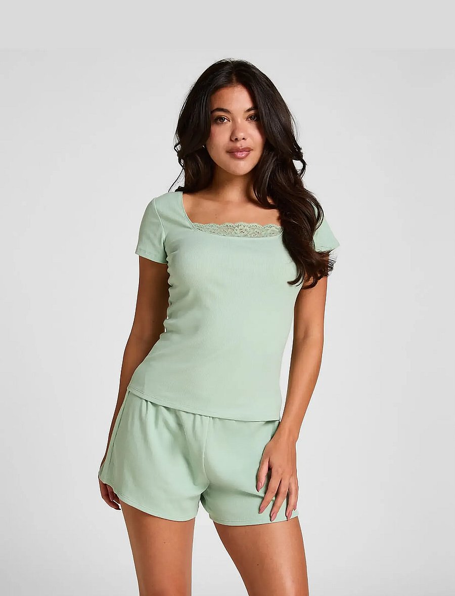 Hunkemöller - PJ SS SHORT RIB LACE - pyjamas - frosty green - 0