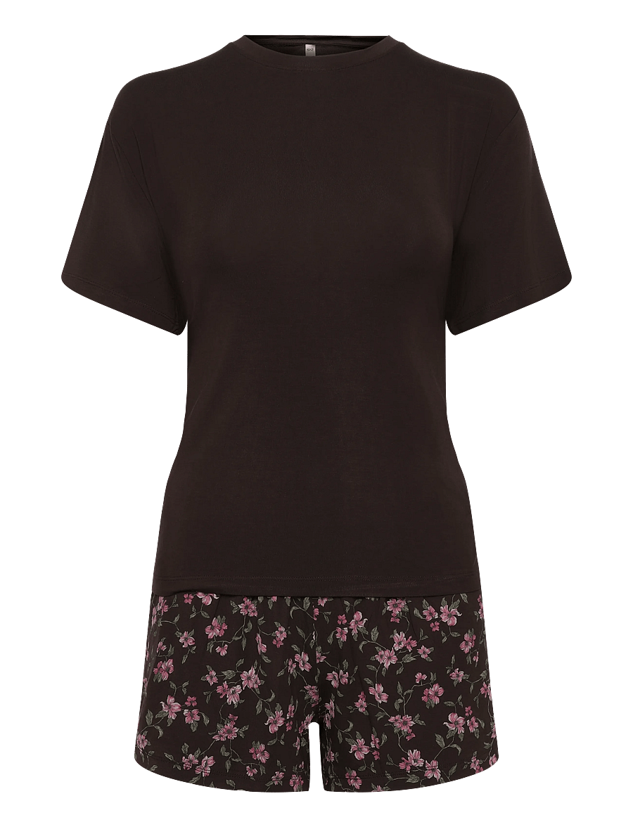 Hunkemöller - Pj Ss Short Jersey Loose Print - pyjamas - black coffee - 1